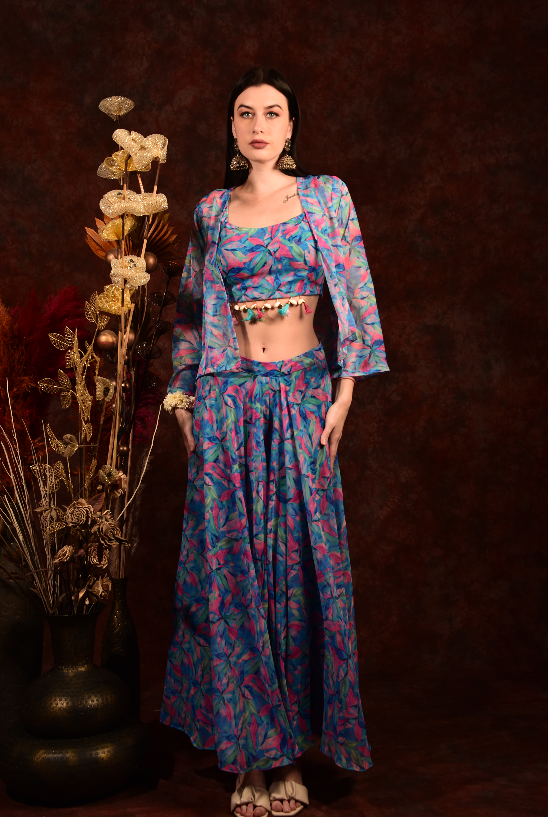 Laalzari crop top jacket with wide palazzo festive set for women — back view