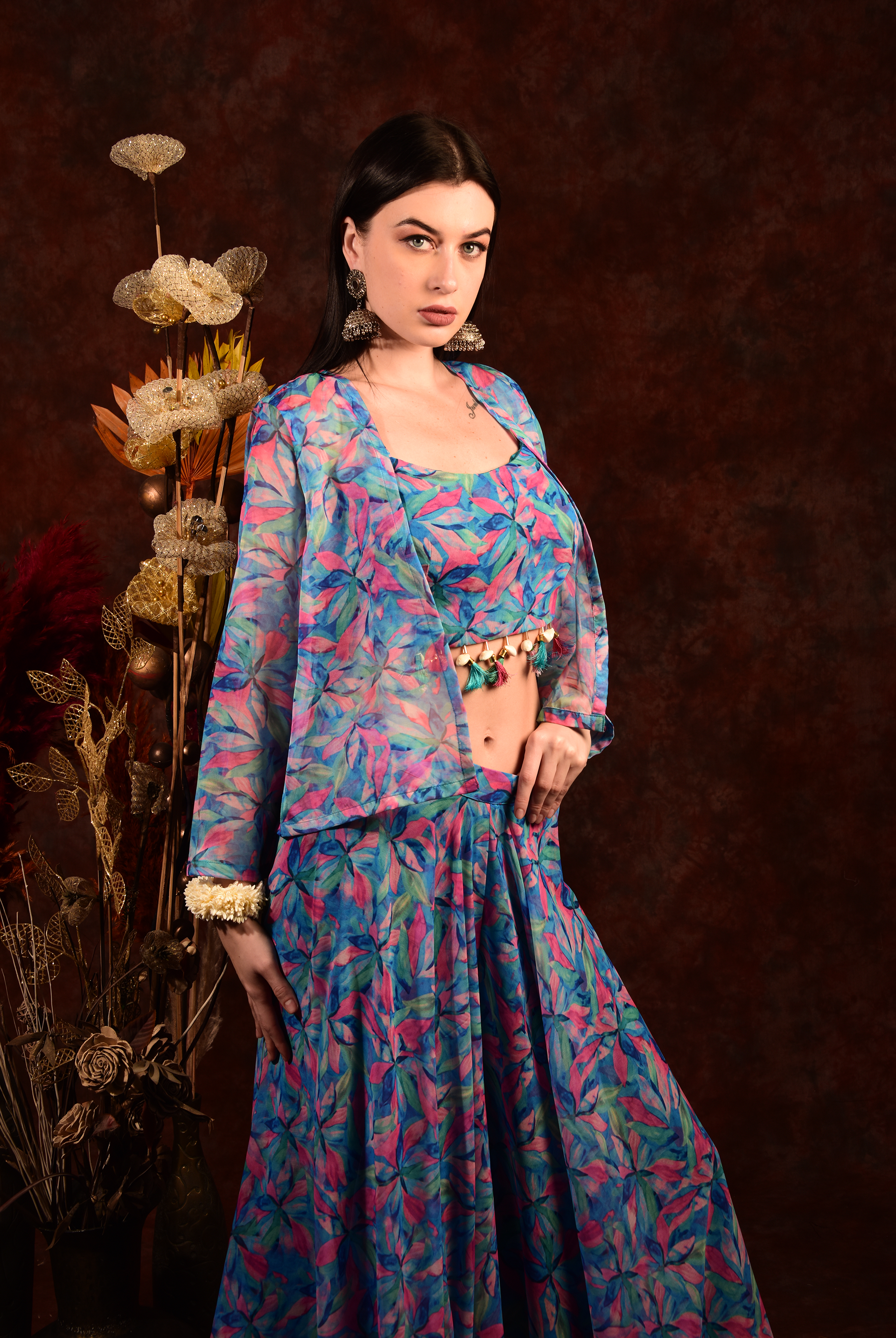 Laalzari crop top jacket with wide palazzo festive set for women — jacket detail