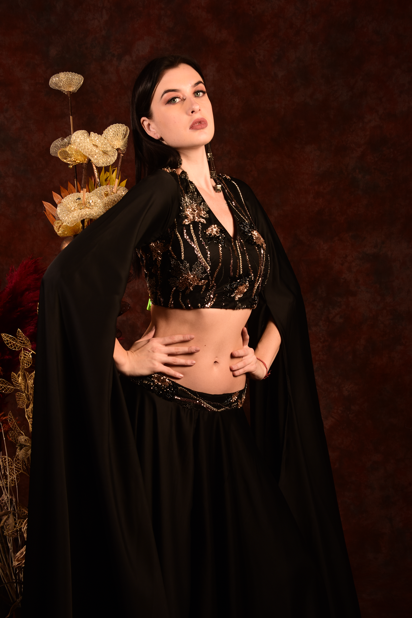 Black hand embroided Crop top wide palazzo with tale sleeves