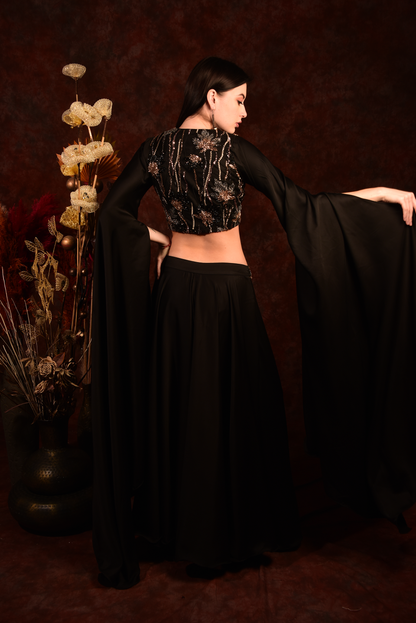Black hand embroided Crop top wide palazzo with tale sleeves