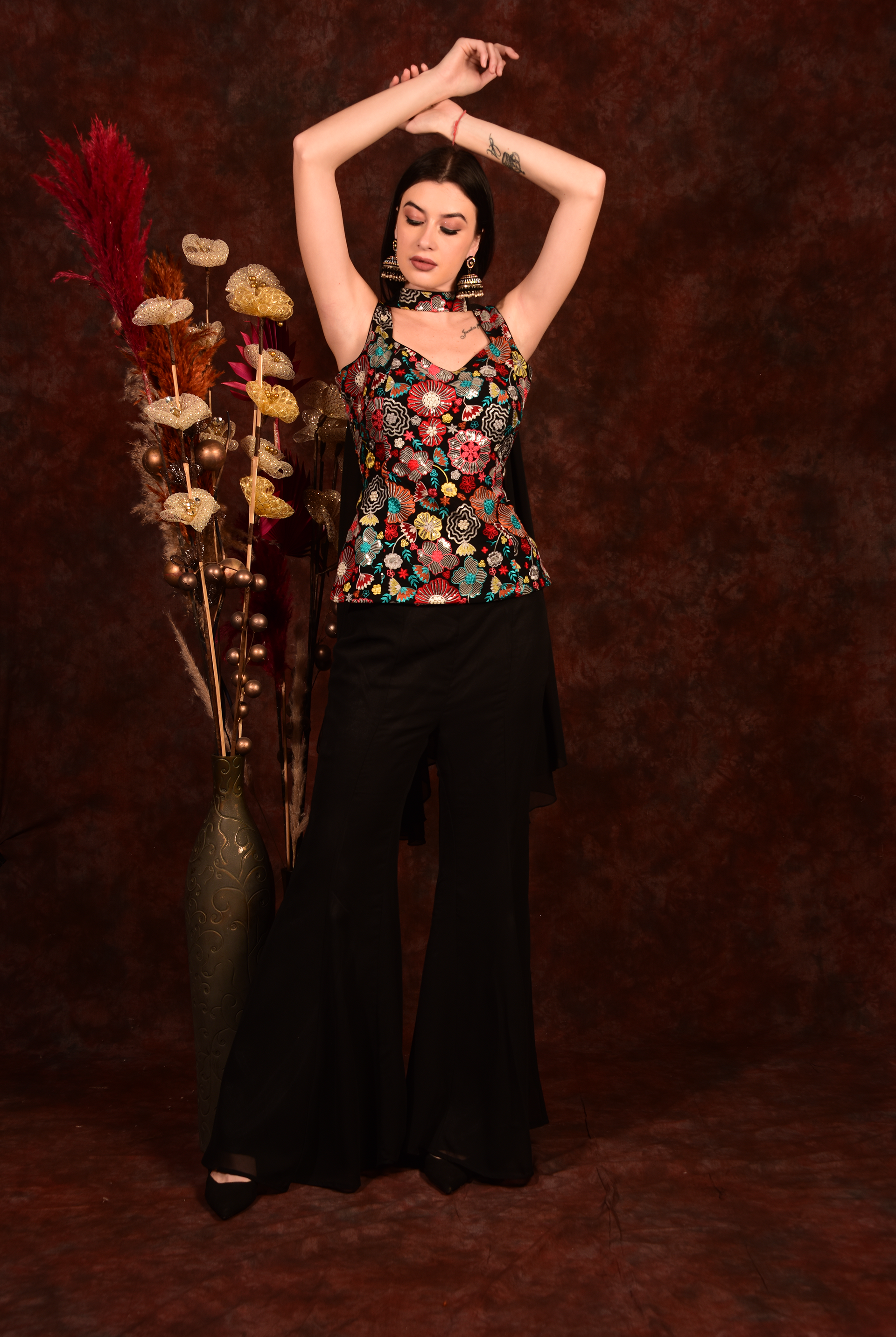 Laalzari black floral top with bell-bottom pants and dupatta for women — styled look