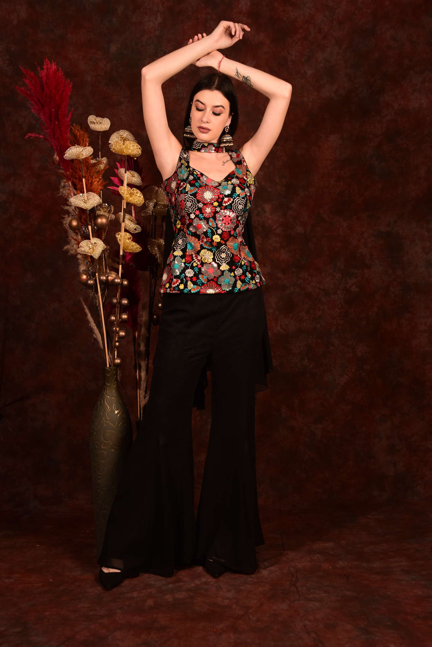 Black Floral Top With Bell Bottom Pants And Dupatta