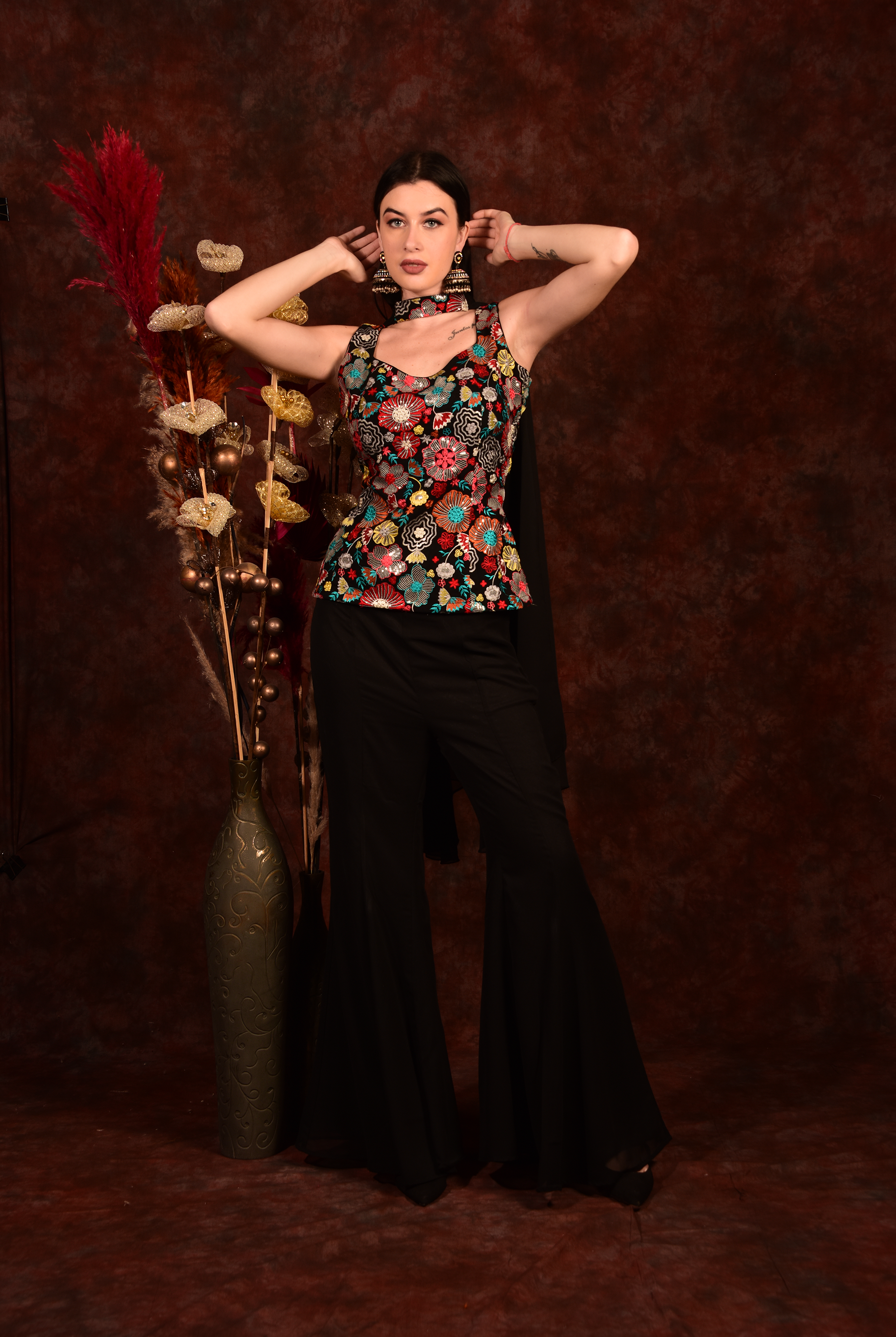 Laalzari black floral top with bell-bottom pants and dupatta for women — full-length view