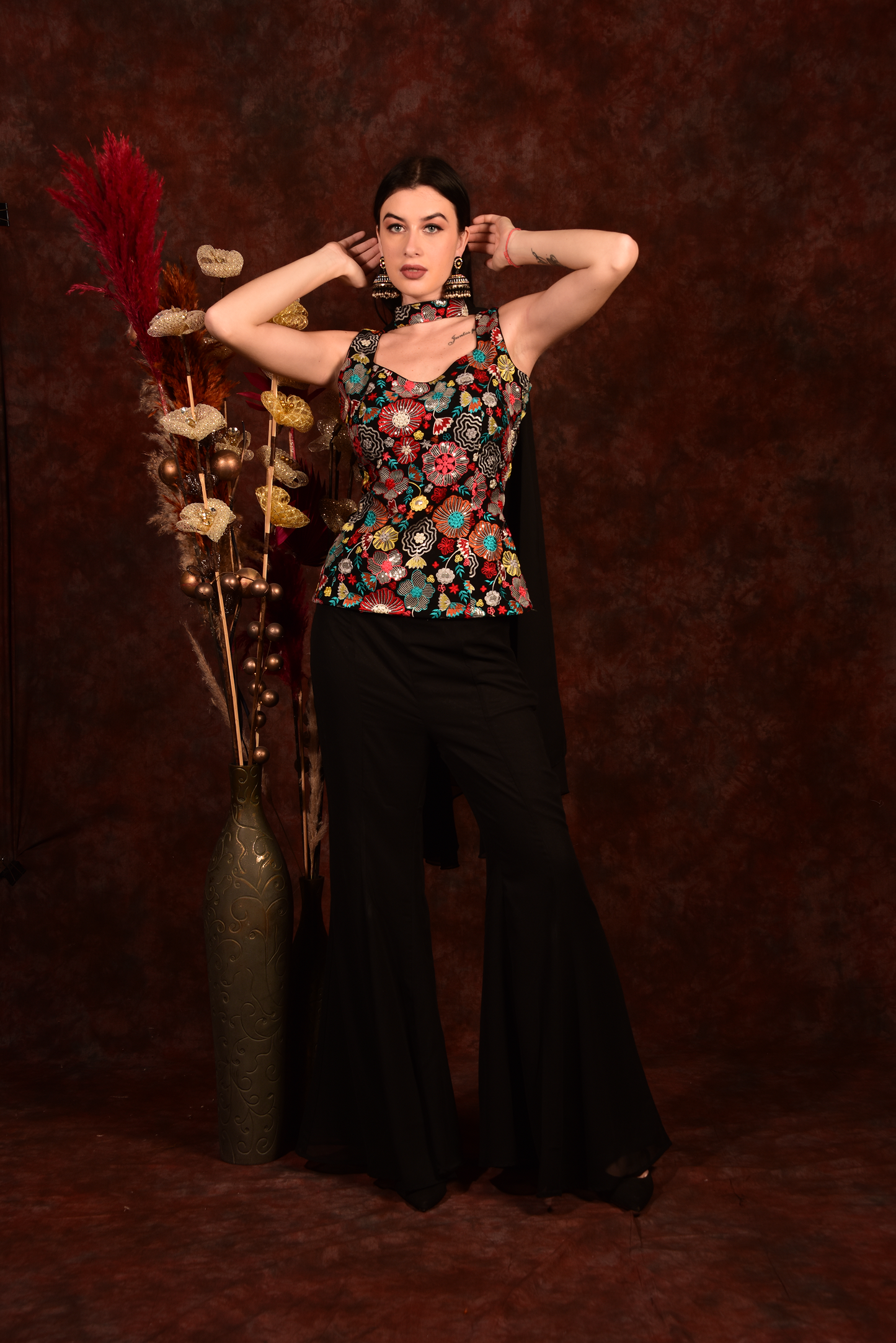 Black Floral Top With Bell Bottom Pants And Dupatta