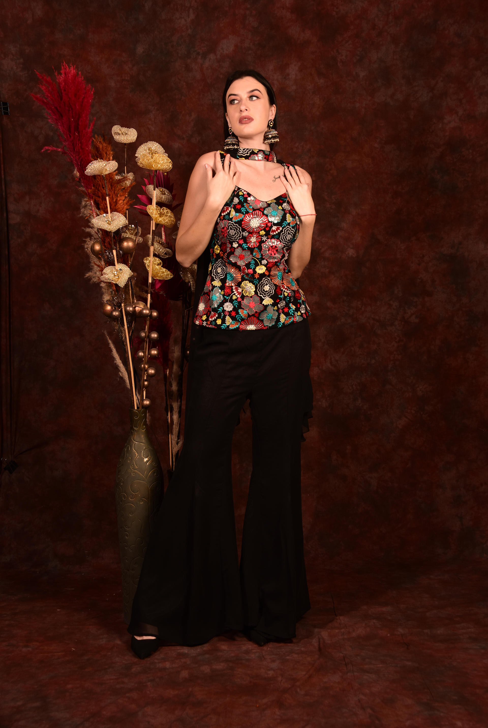 Laalzari black floral top with bell-bottom pants and dupatta for women — side view