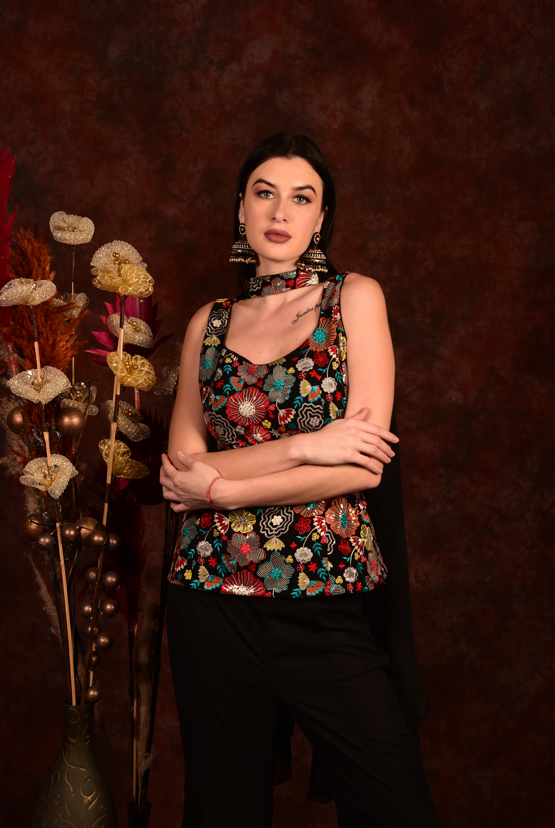 Laalzari black floral top with bell-bottom pants and dupatta for women — back view