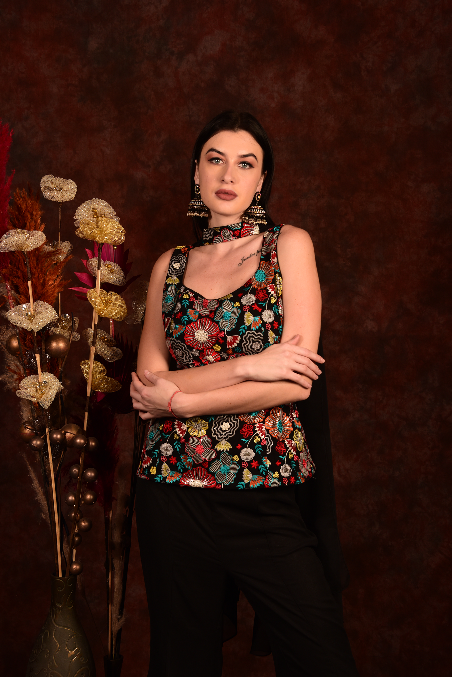 Black Floral Top With Bell Bottom Pants And Dupatta