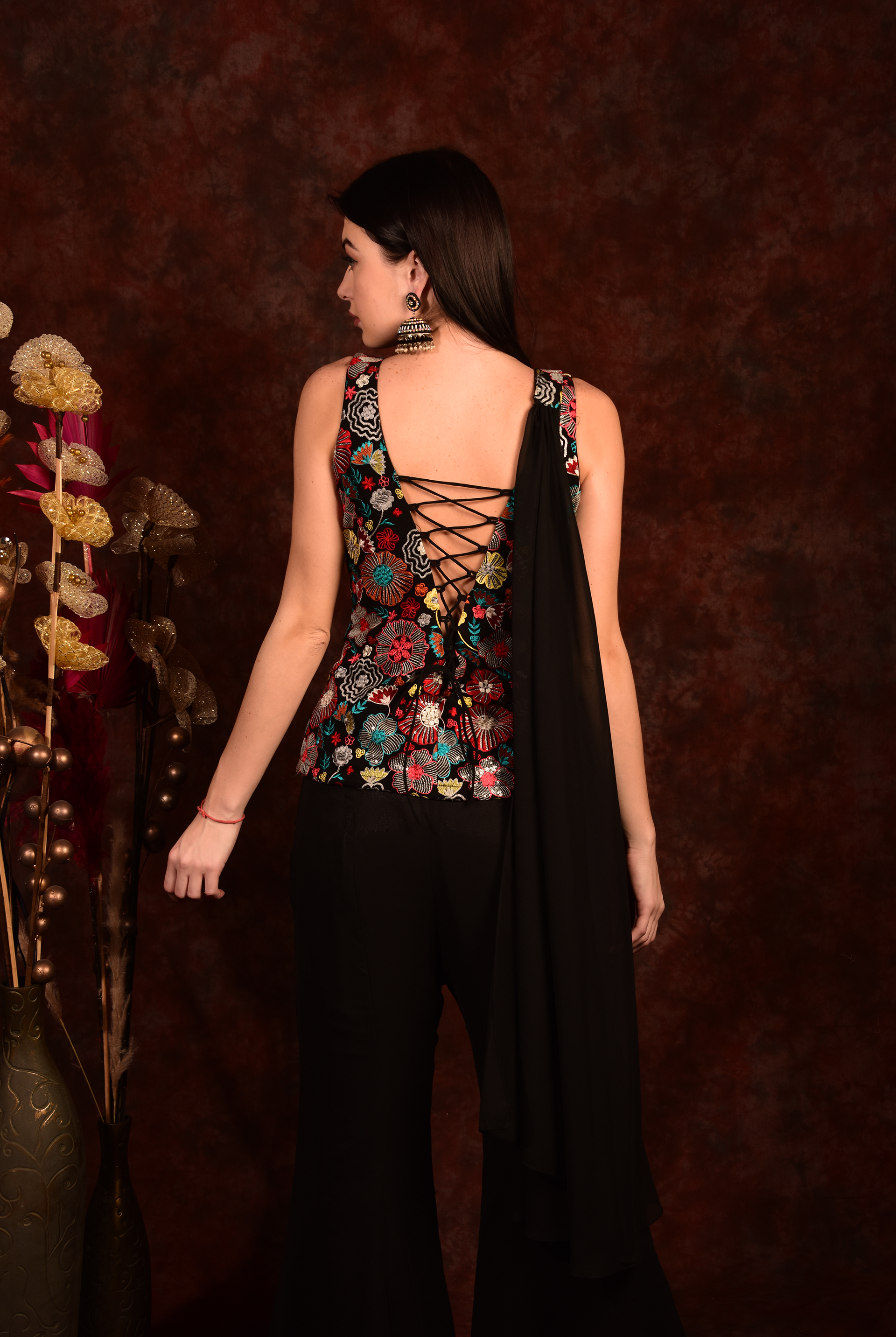 Laalzari black floral top with bell-bottom pants and dupatta for women — floral print detail