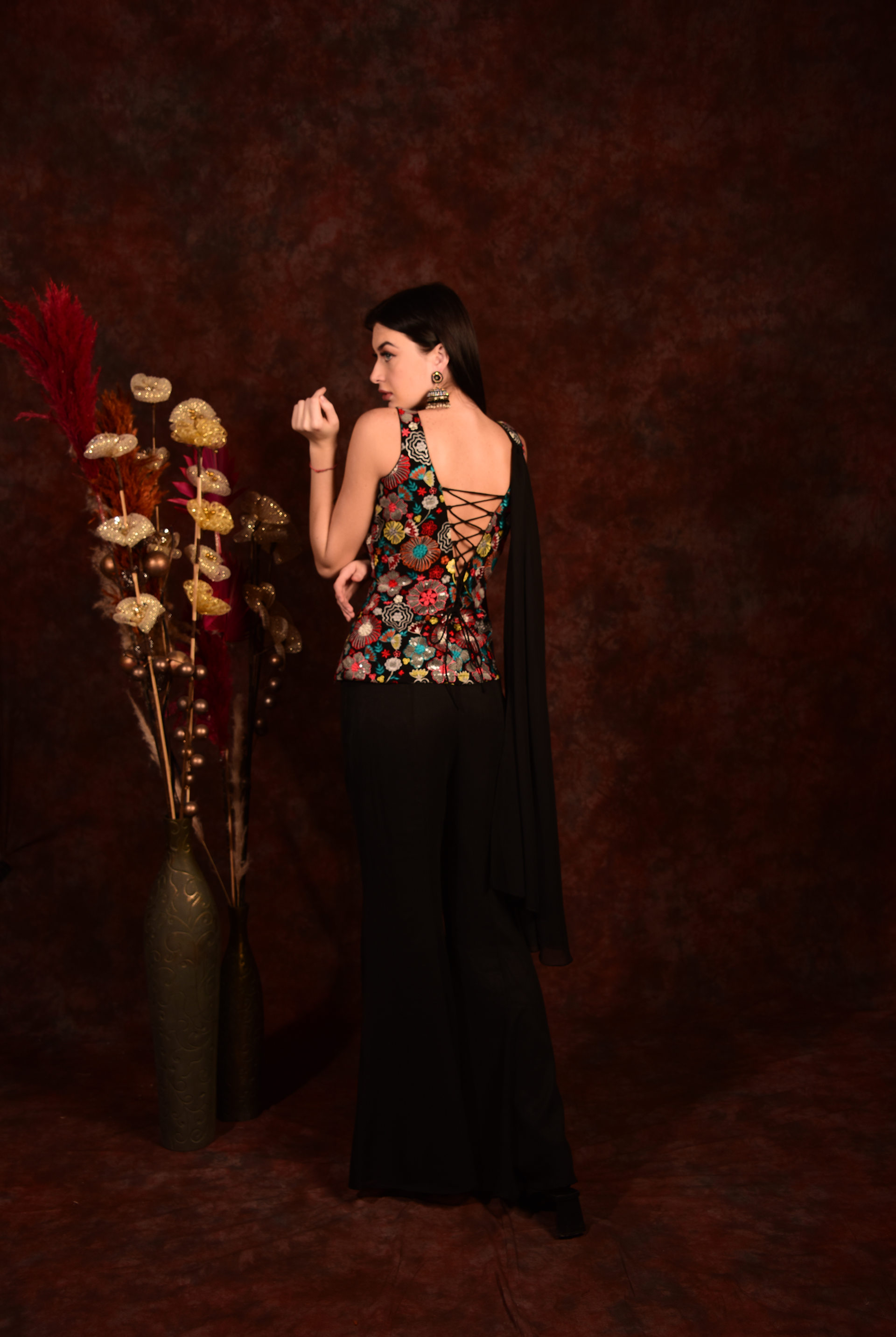 Laalzari black floral top with bell-bottom pants and dupatta for women — dupatta detail