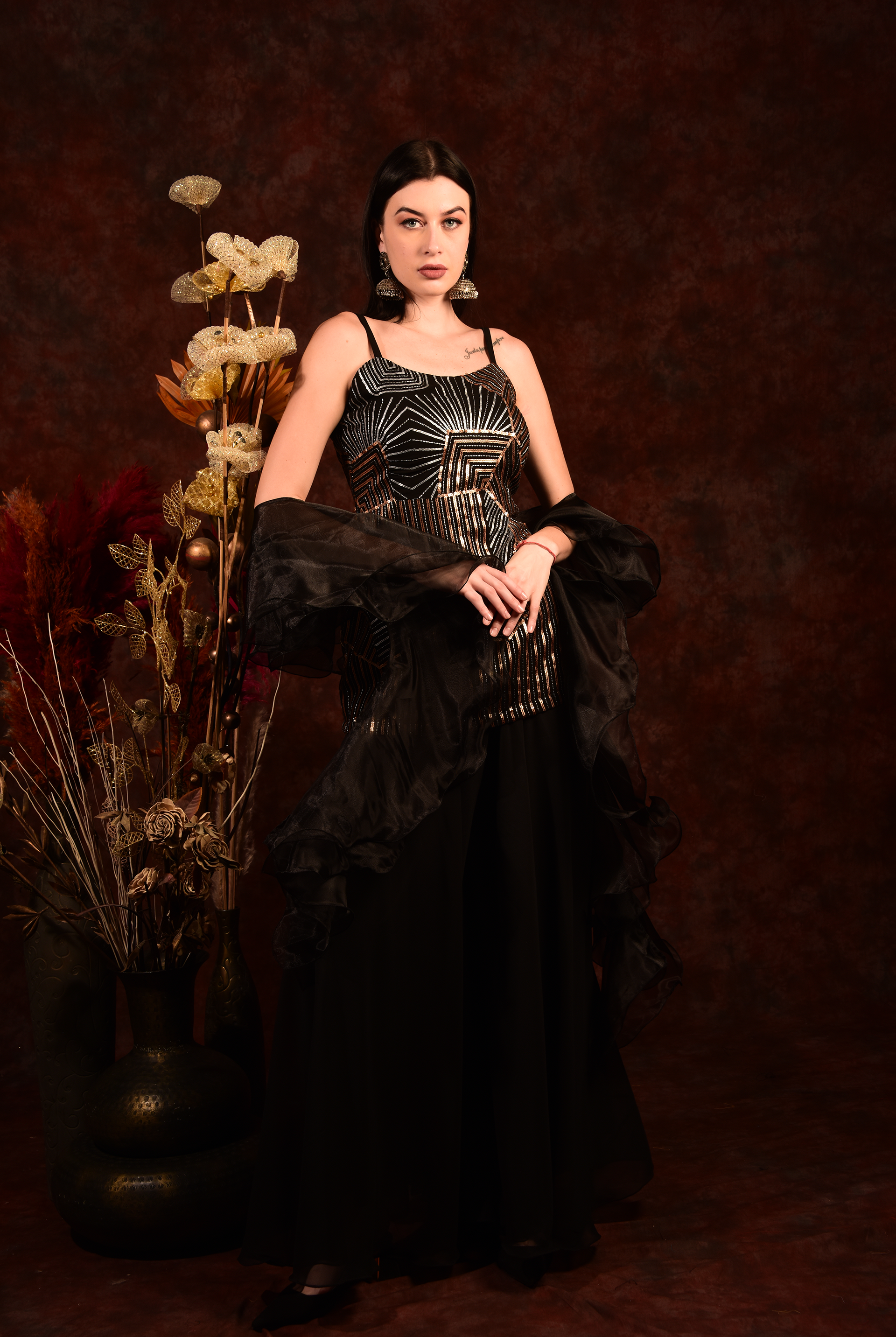Laalzari black straight kurti with palazzo and ruffle dupatta for women — side view
