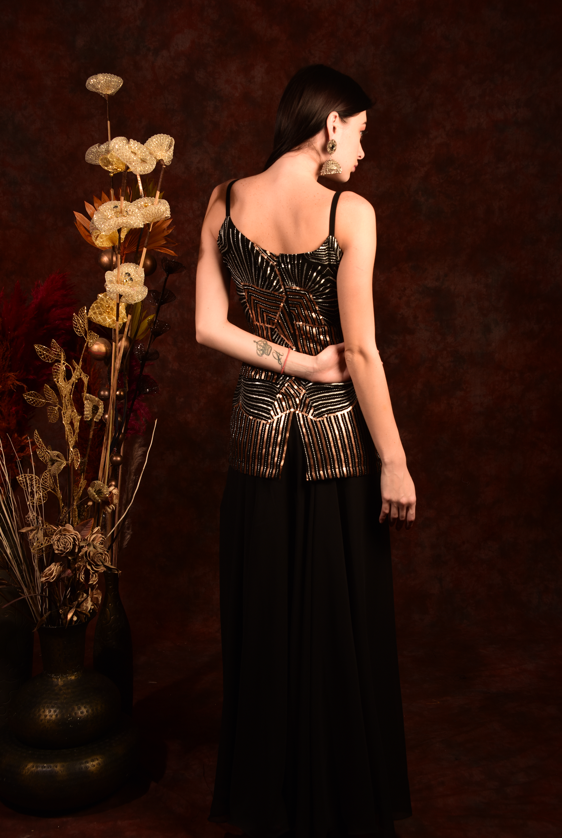 Laalzari black straight kurti with palazzo and ruffle dupatta for women — full-length view