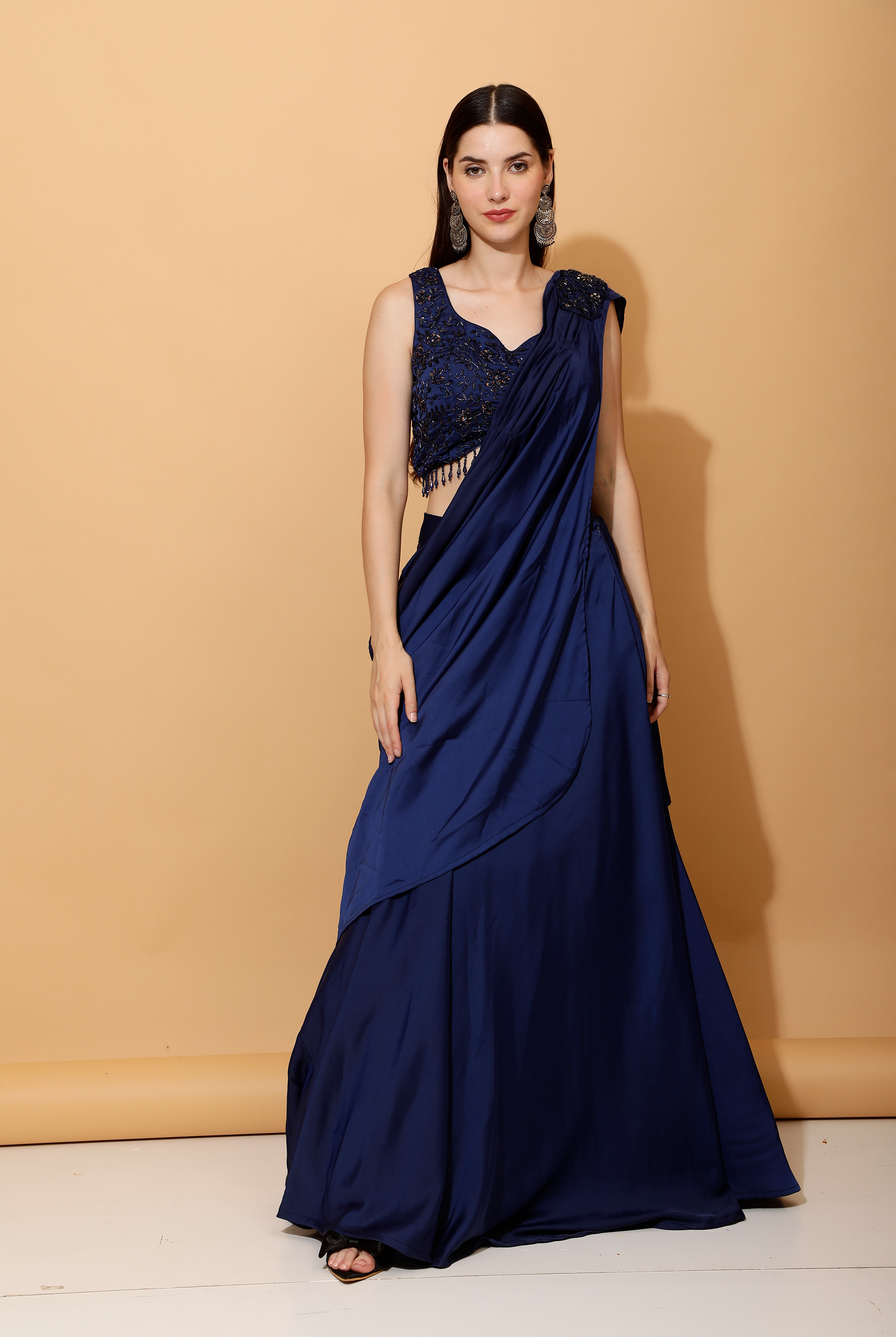 Laalzari blue pre-draped satin crop top and skirt with attached dupatta for women — front view