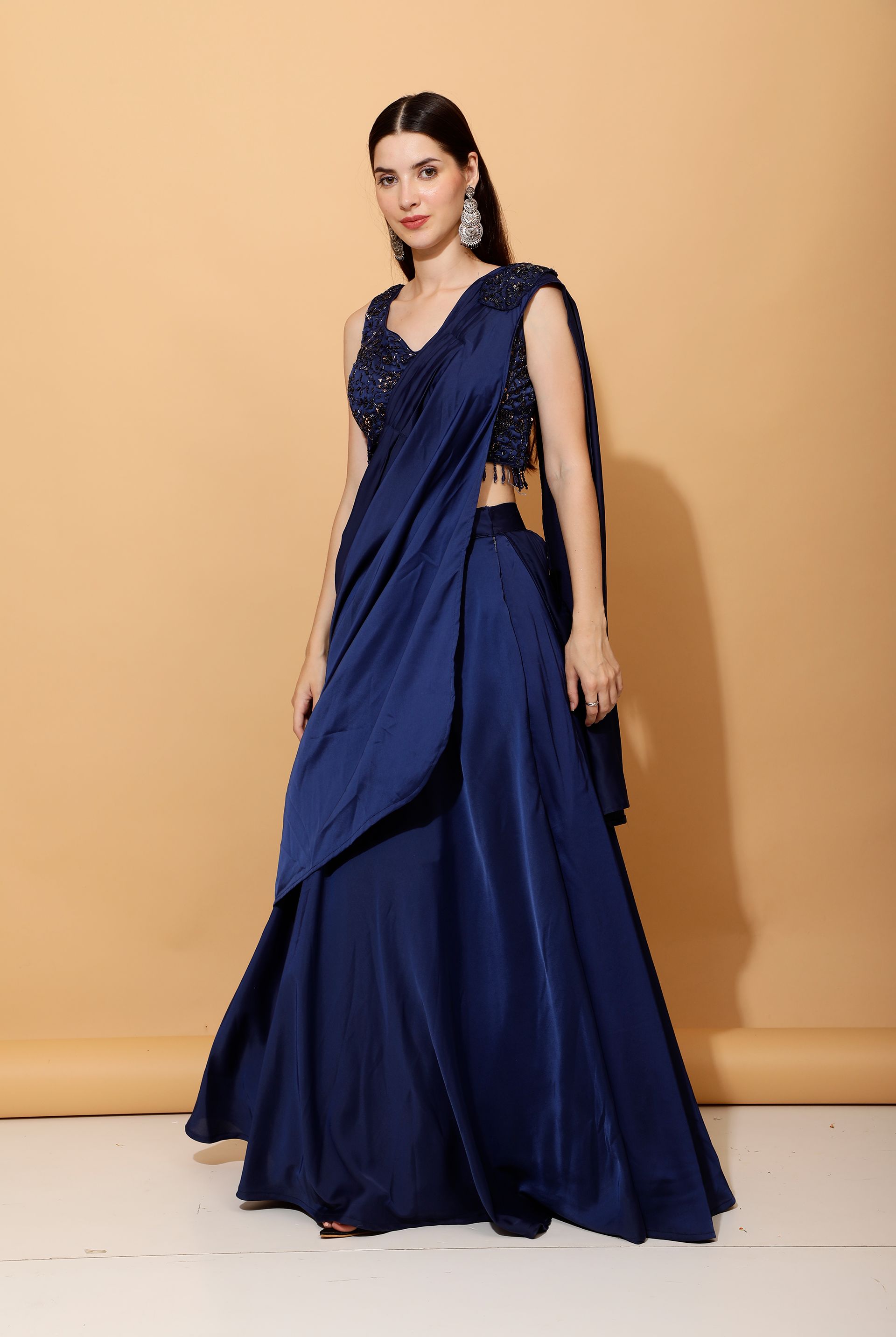 Laalzari blue pre-draped satin crop top and skirt with attached dupatta for women — styled look