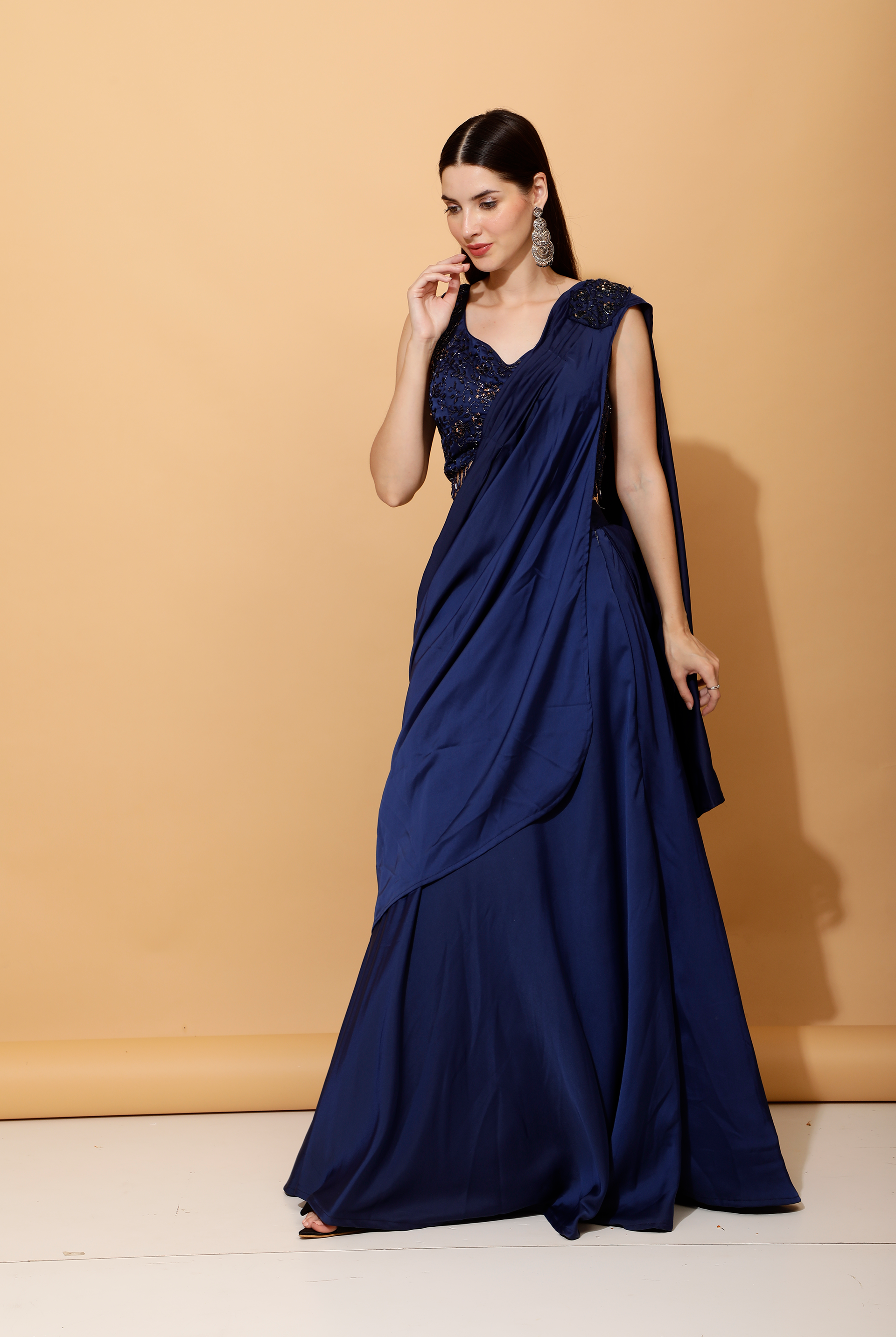 Laalzari blue pre-draped satin crop top and skirt with attached dupatta for women — full-length view