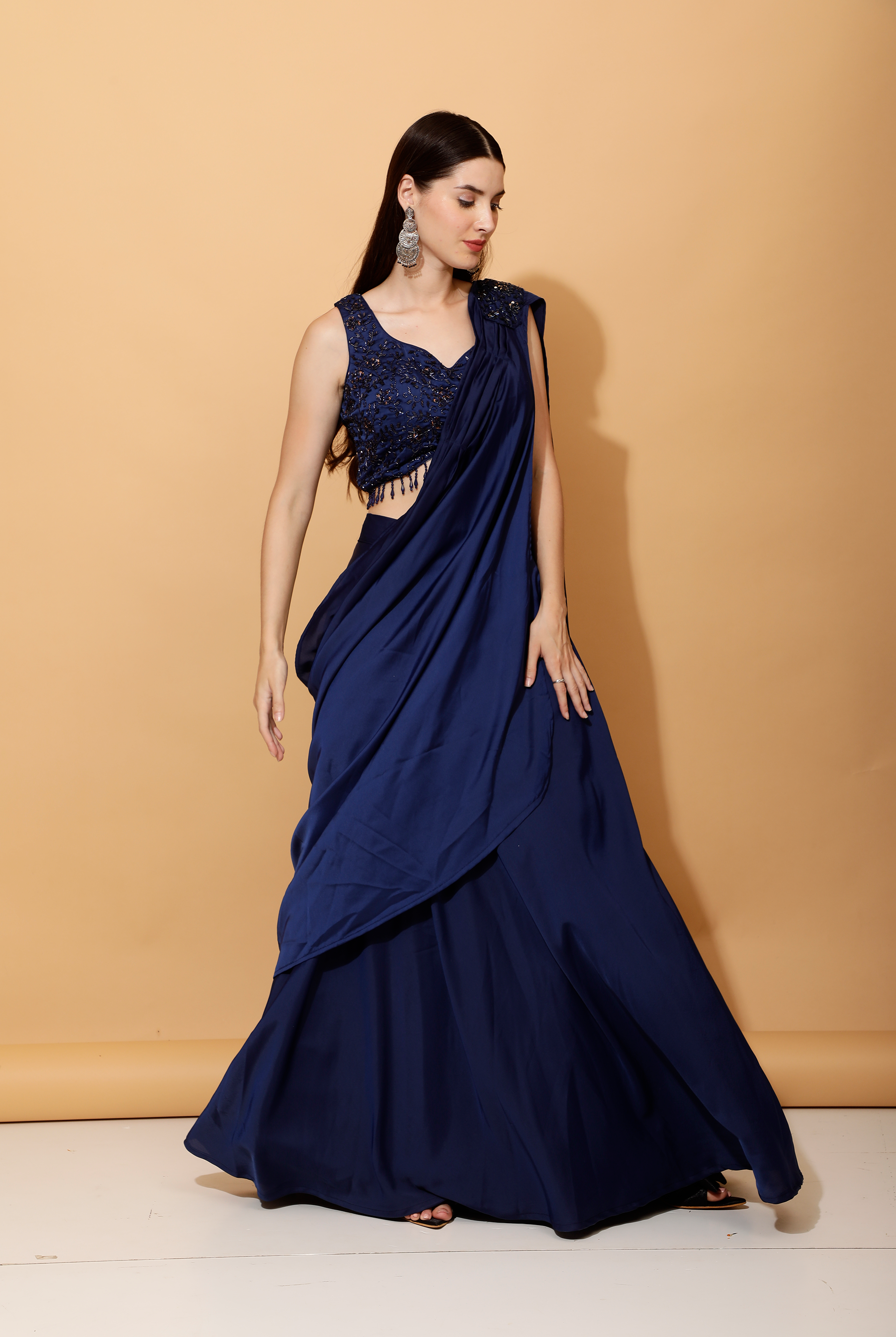 Laalzari blue pre-draped satin crop top and skirt with attached dupatta for women — dupatta detail