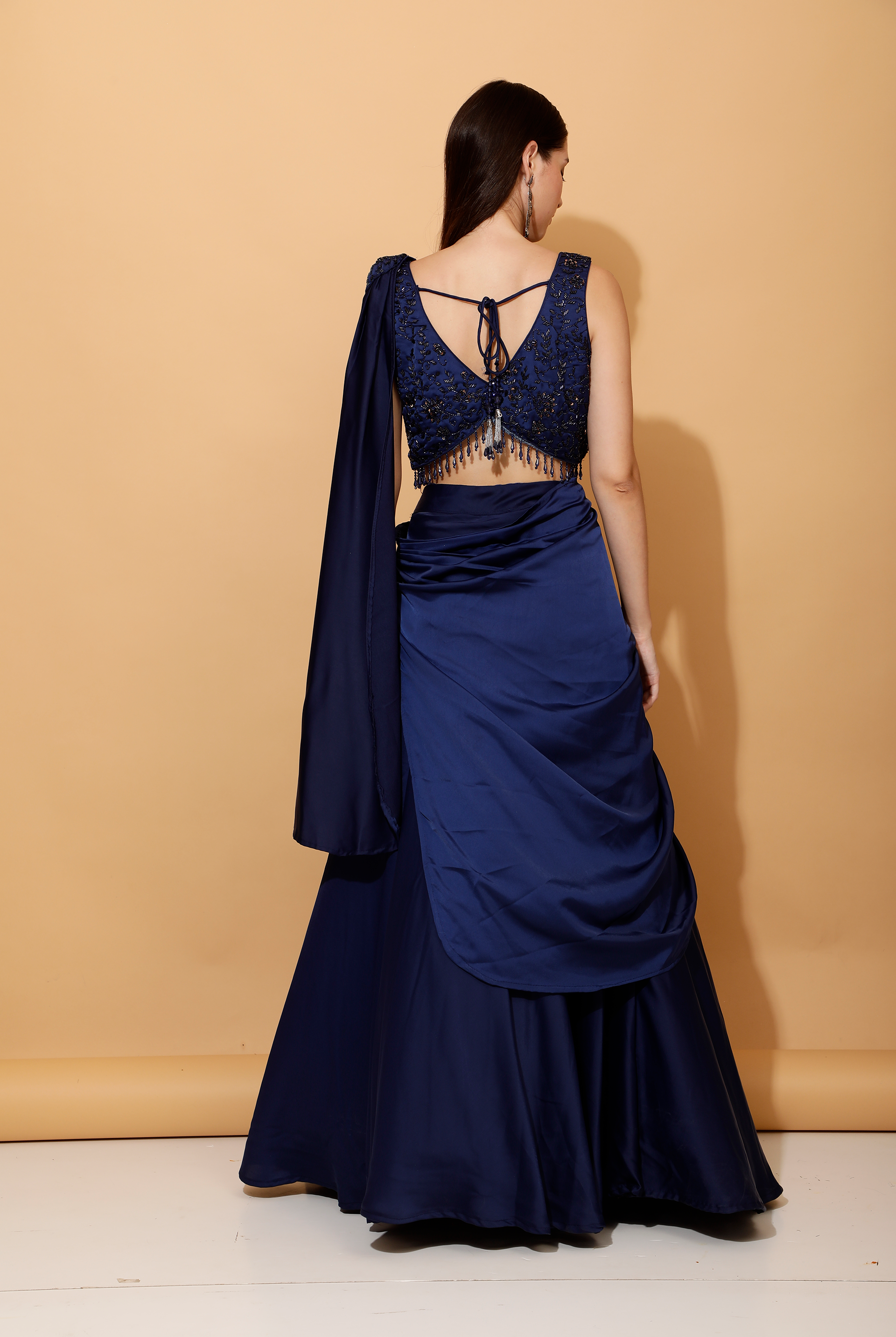 Laalzari blue pre-draped satin crop top and skirt with attached dupatta for women — fabric detail