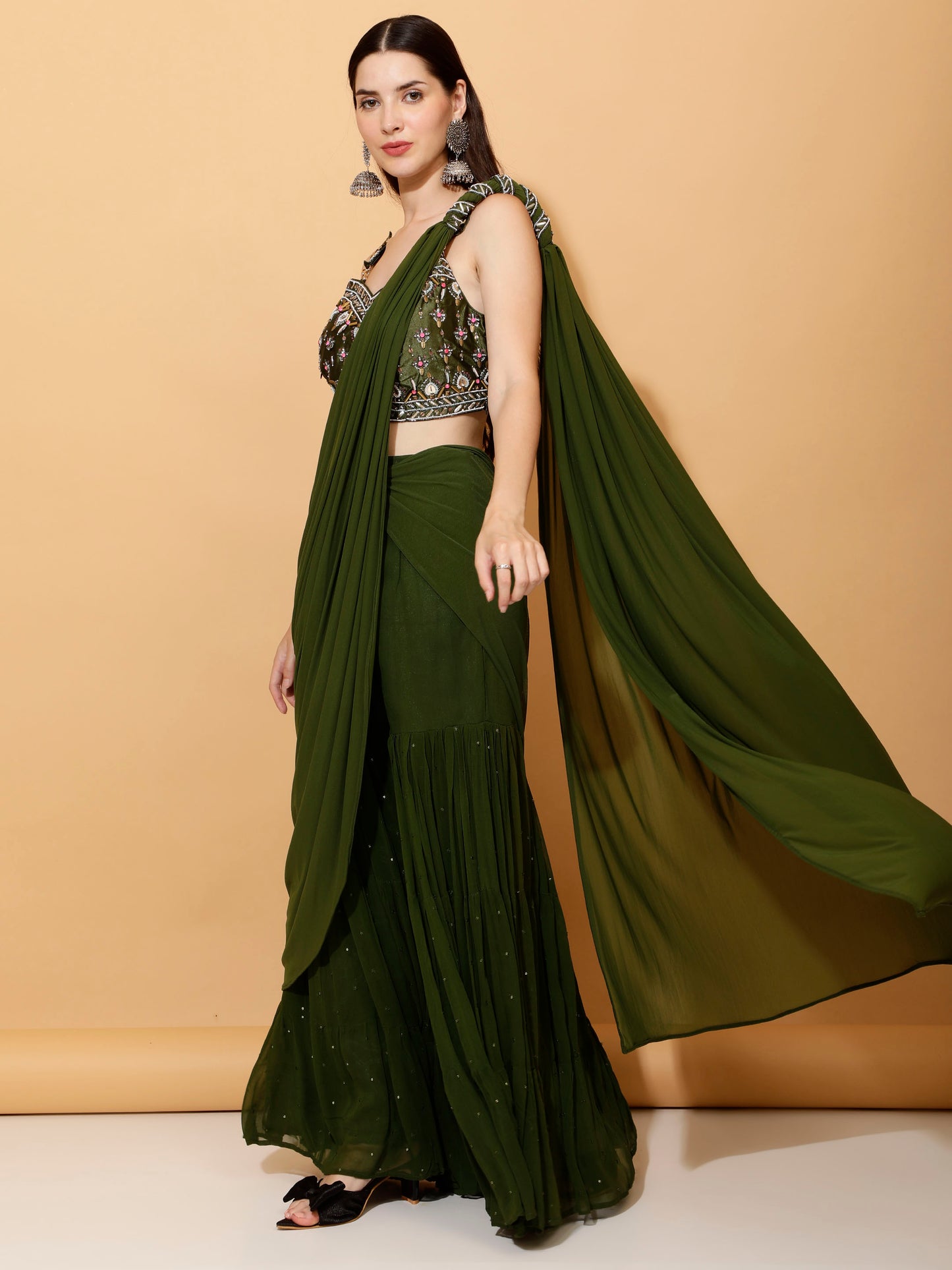 Mehendi Green Pre Draped Sharara Set