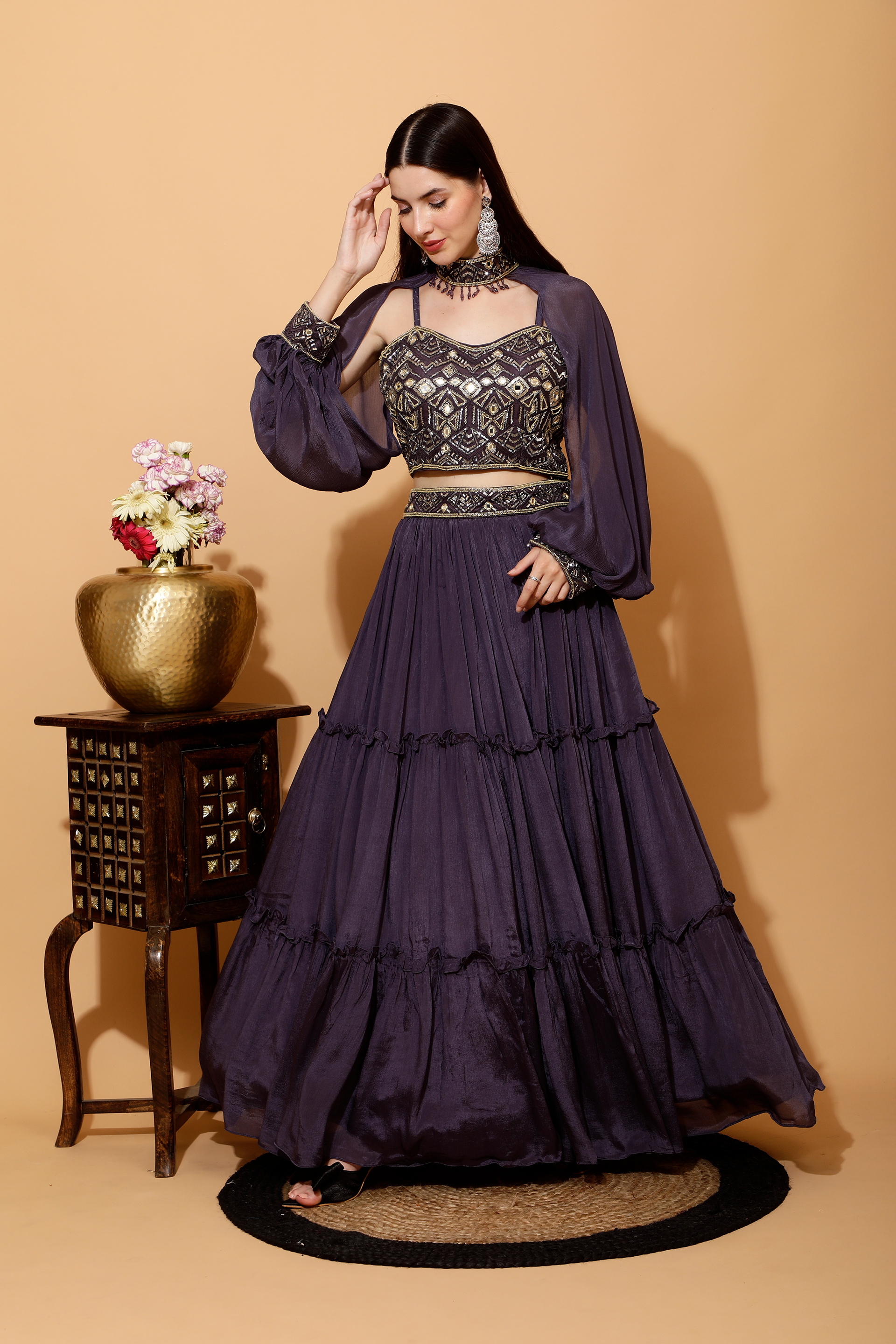 PURPLE CROPTOP SKIRT LEHENGA WITH CHOKER SLEEVES