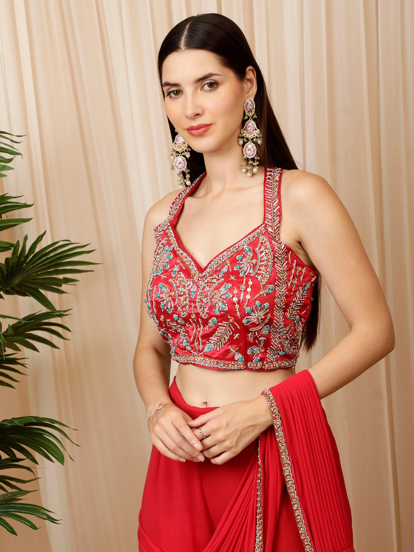 Sizzling Red Pre Draped Palazzo Saree