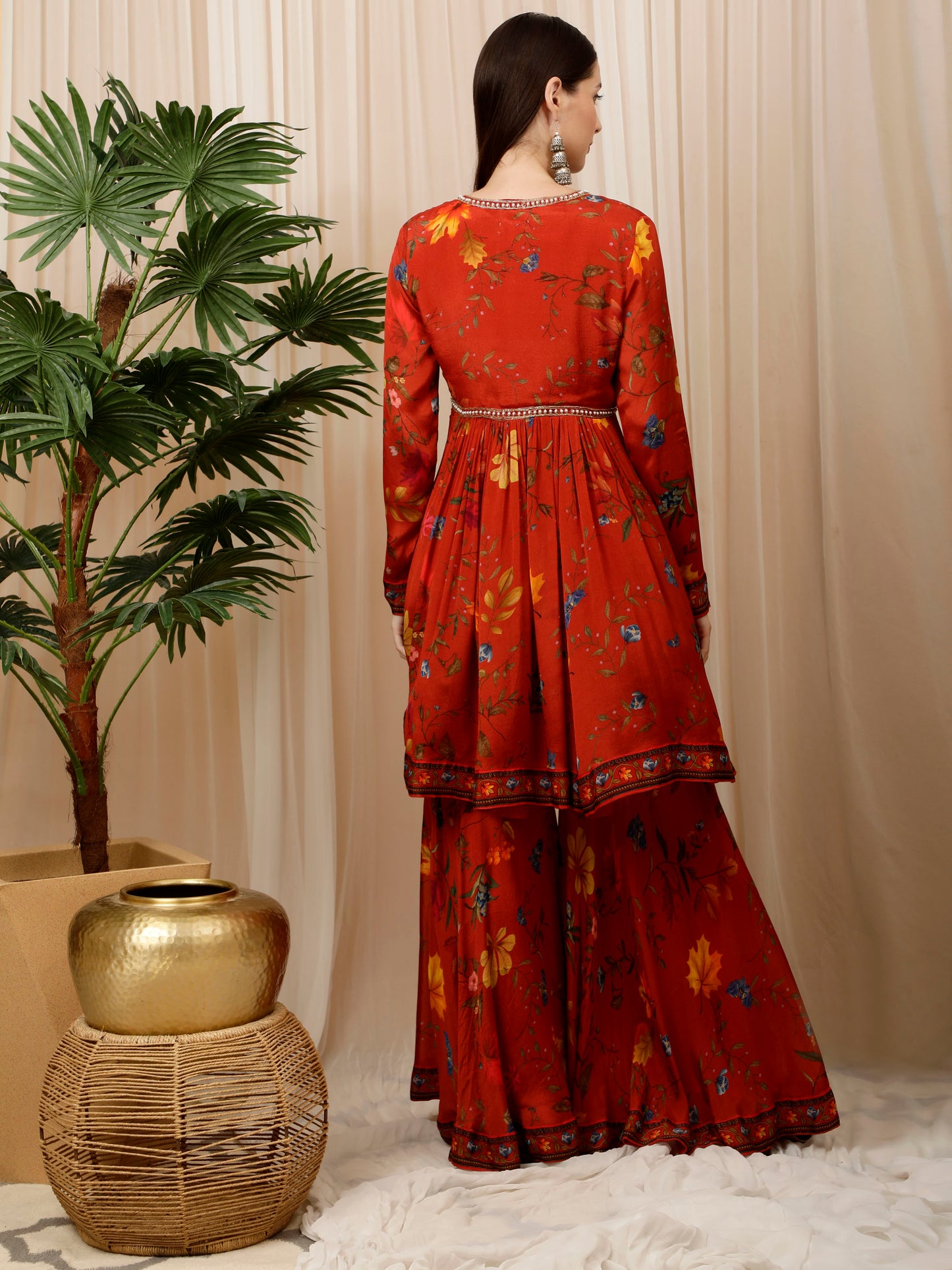 Orange Floral Print Sharara And Kurta Set,