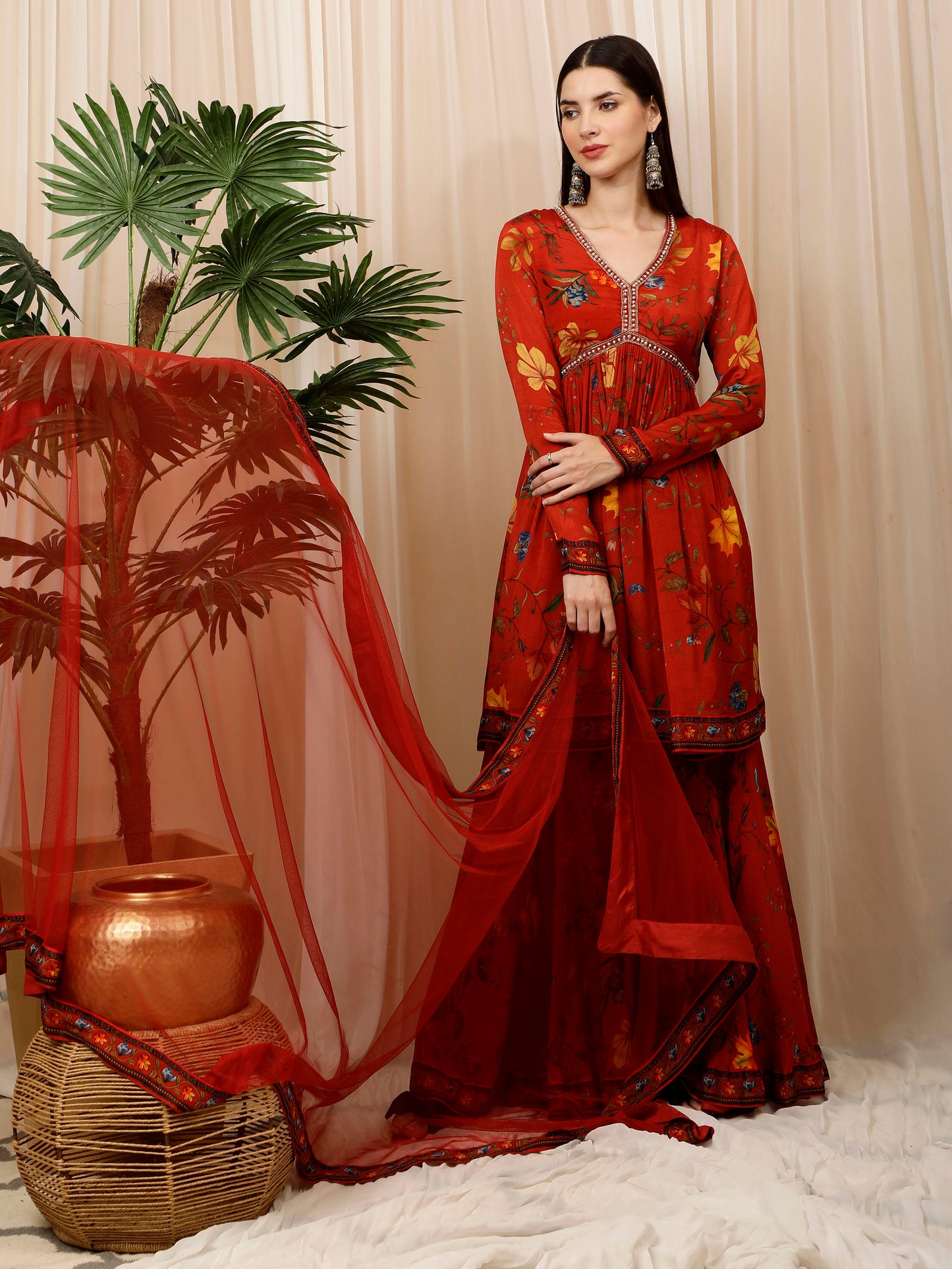 Orange Floral Print Sharara And Kurta Set,