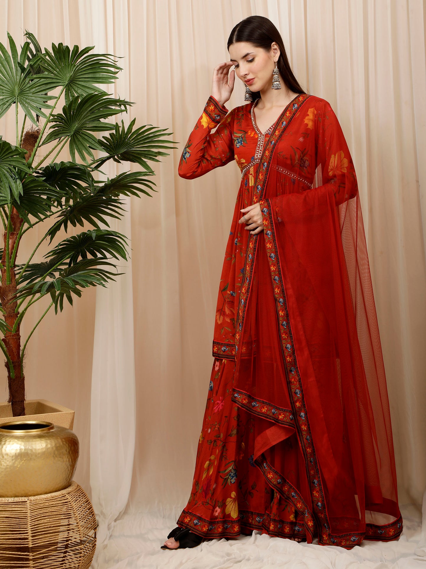 Orange Floral Print Sharara And Kurta Set,