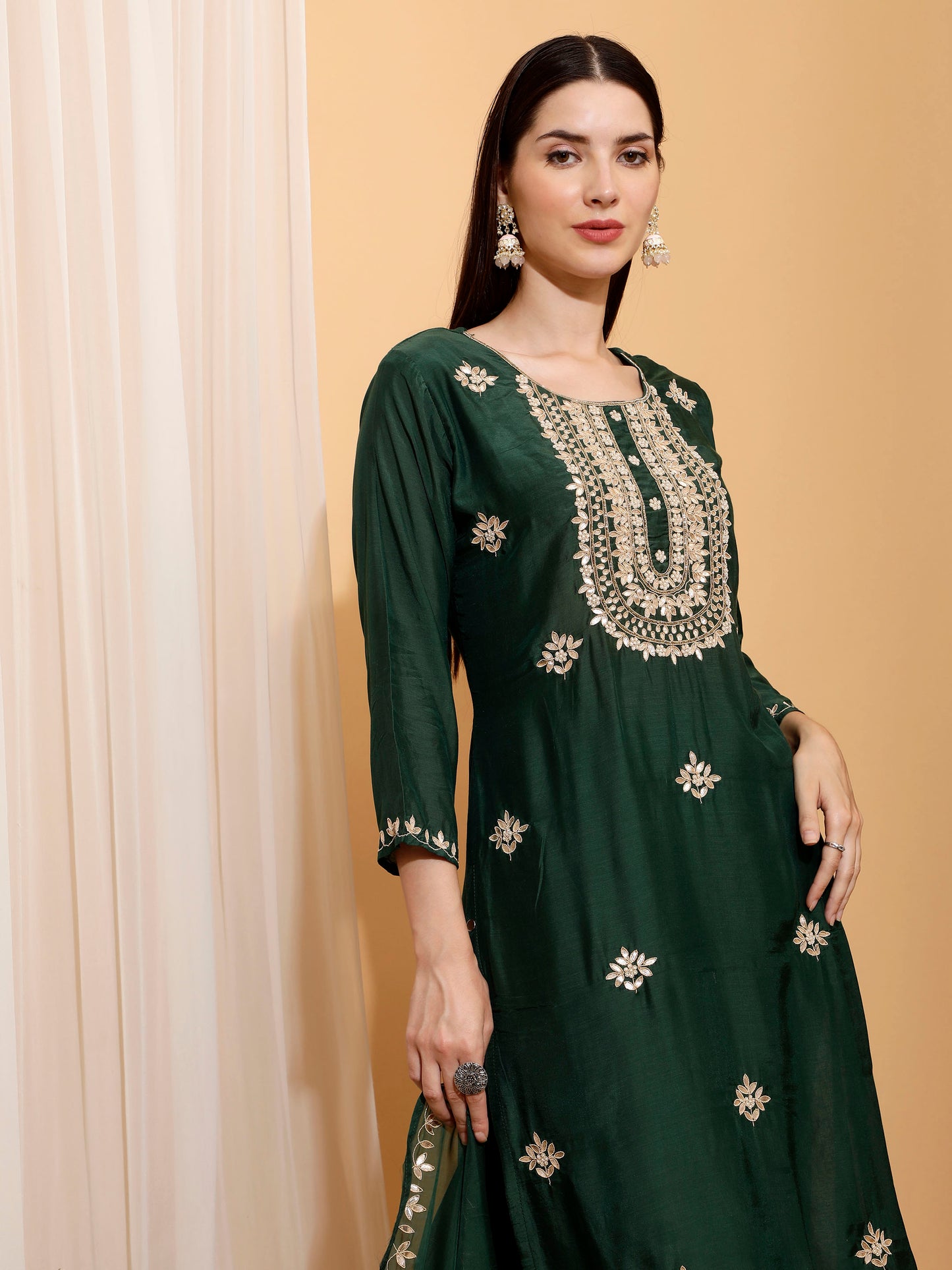 Dark Green Kurta Pant Set With Dupatta