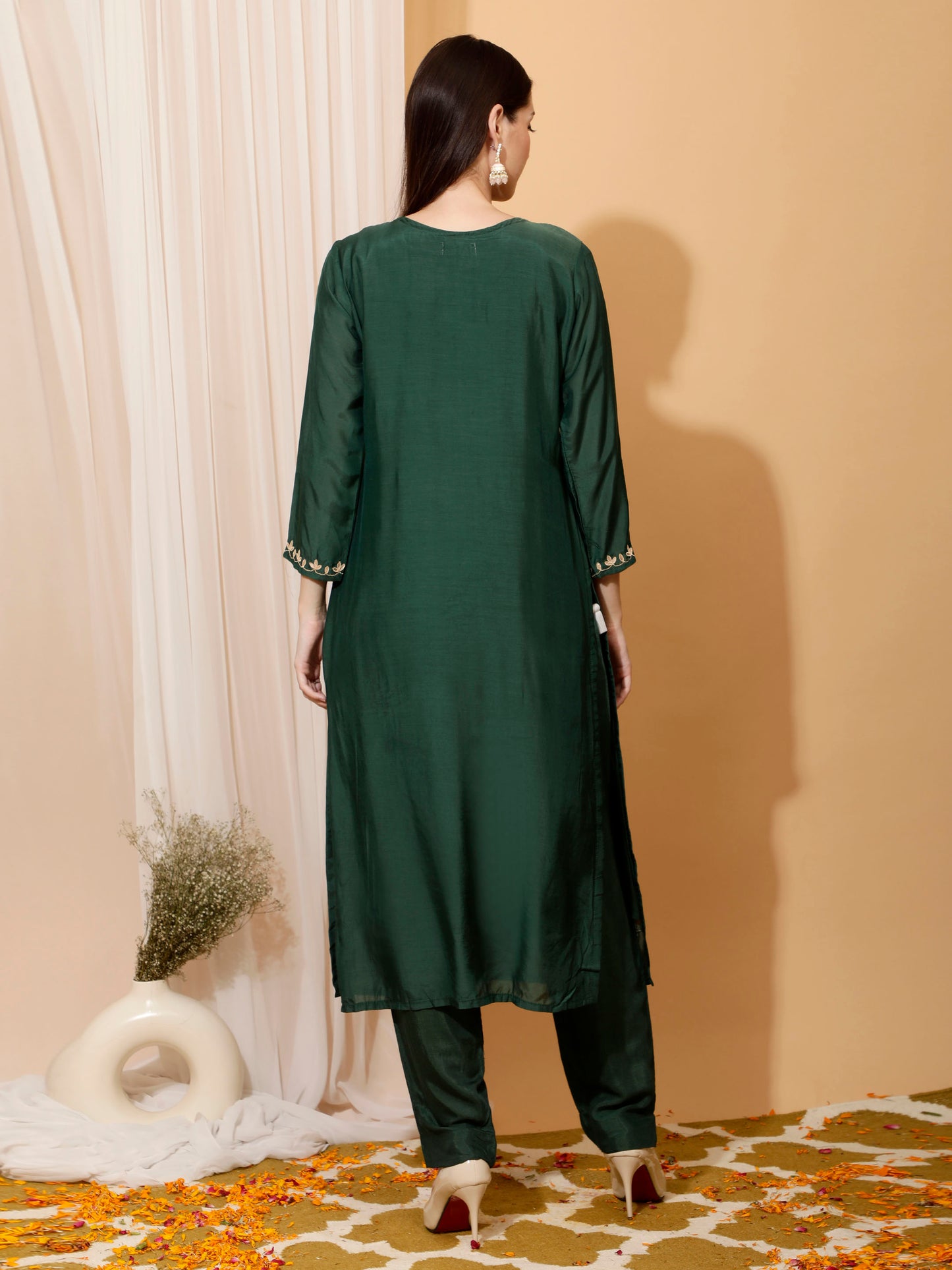Dark Green Kurta Pant Set With Dupatta