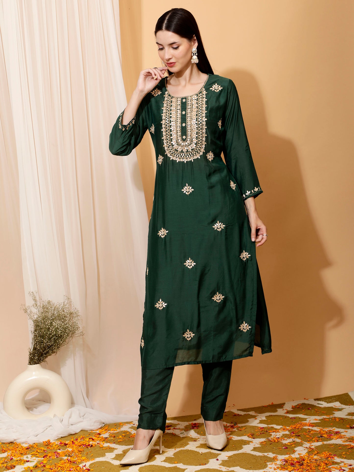Dark Green Kurta Pant Set With Dupatta
