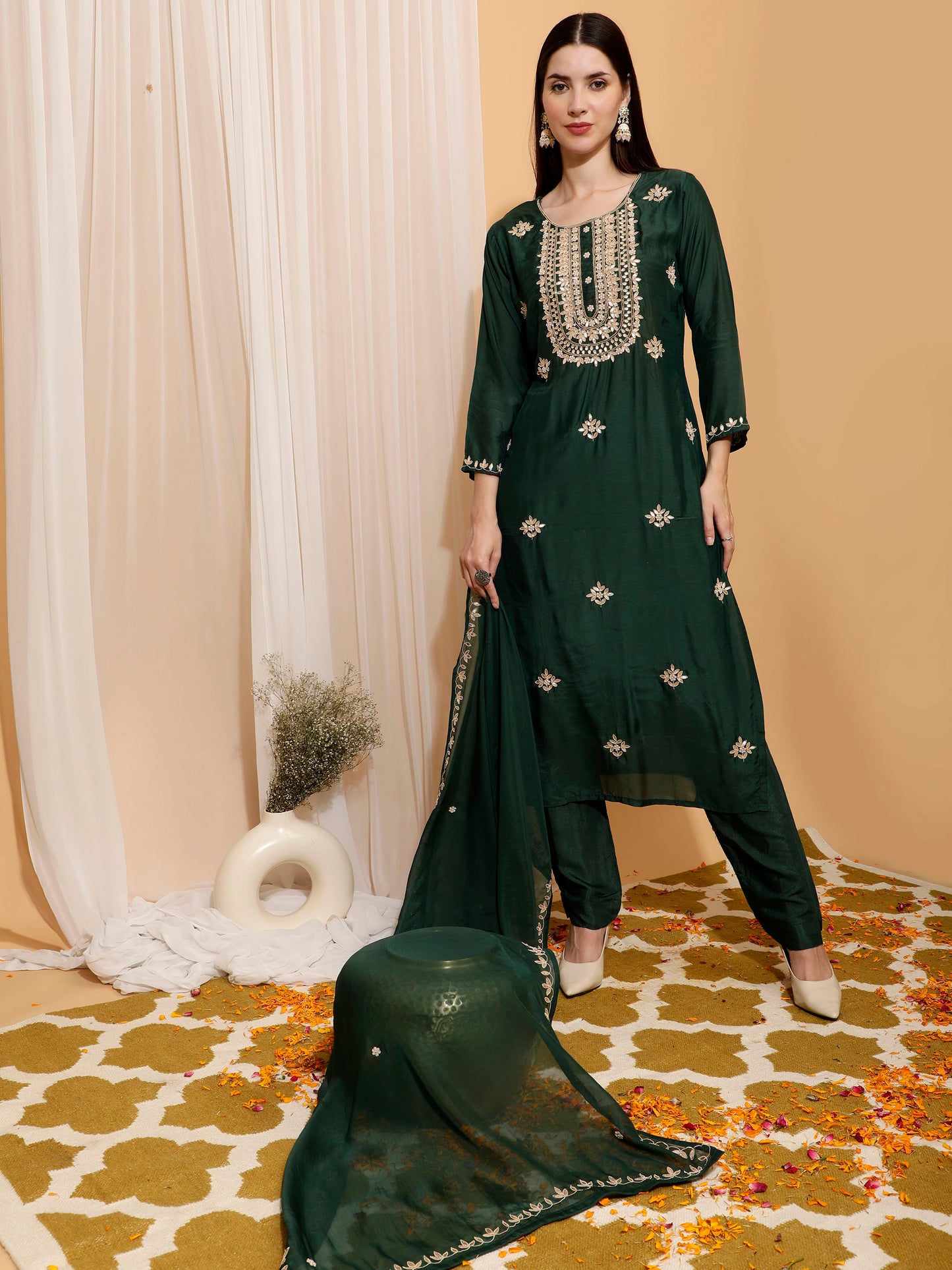 Dark Green Kurta Pant Set With Dupatta