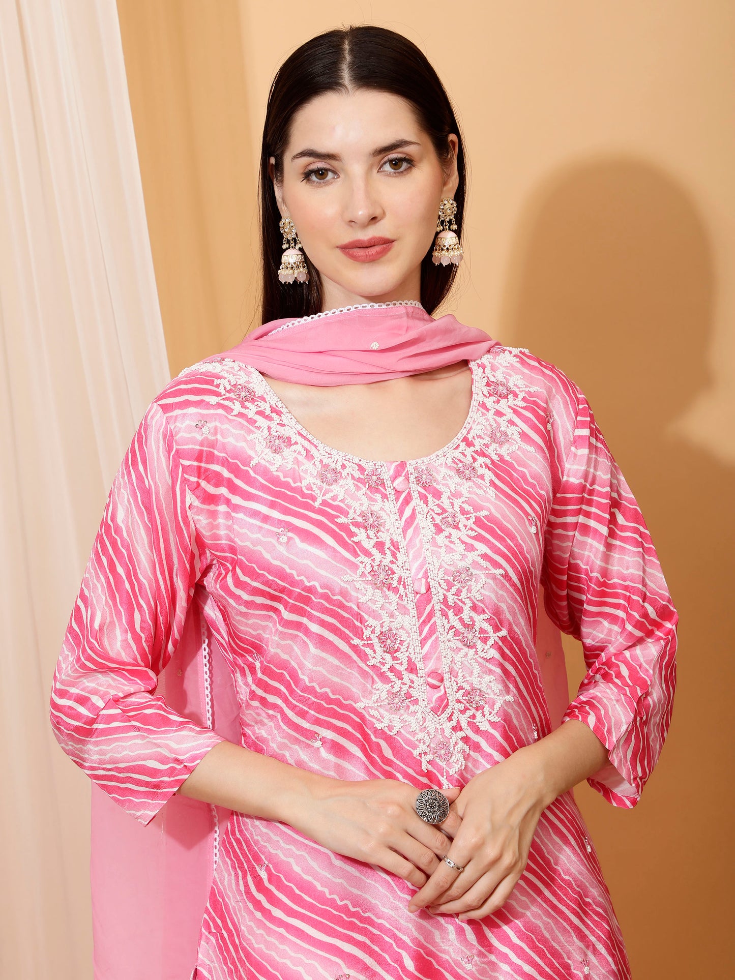 PINK LEHERIYA SUIT WHITH HAND EMBROIDERY