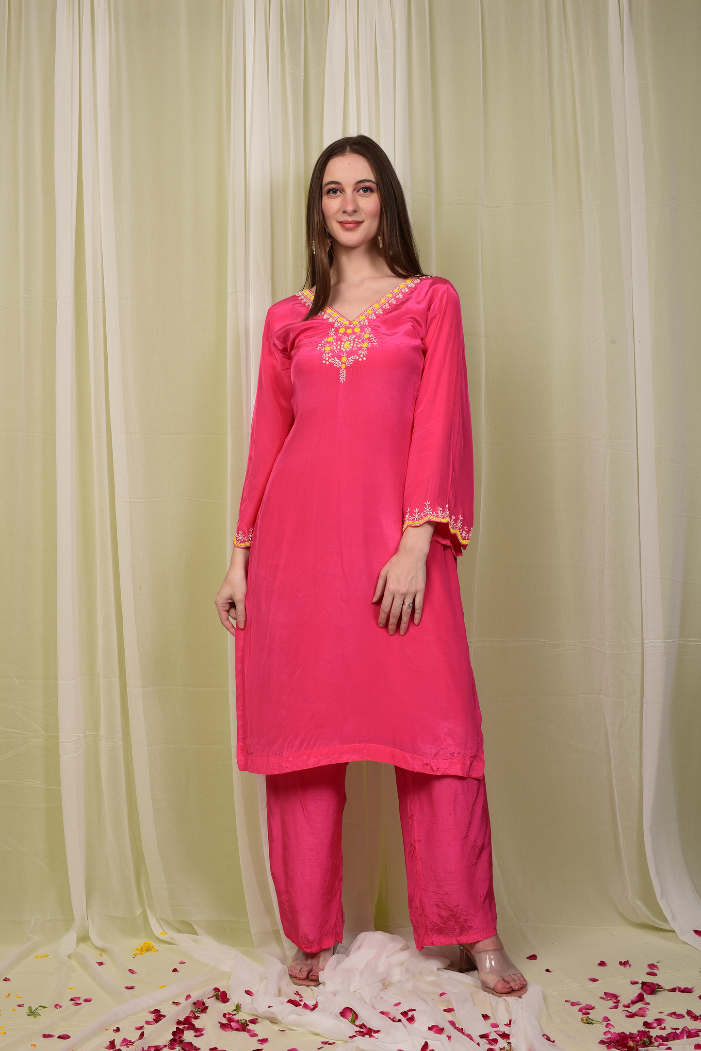 NEON PINK HAND EMBROIDERED SUIT SET