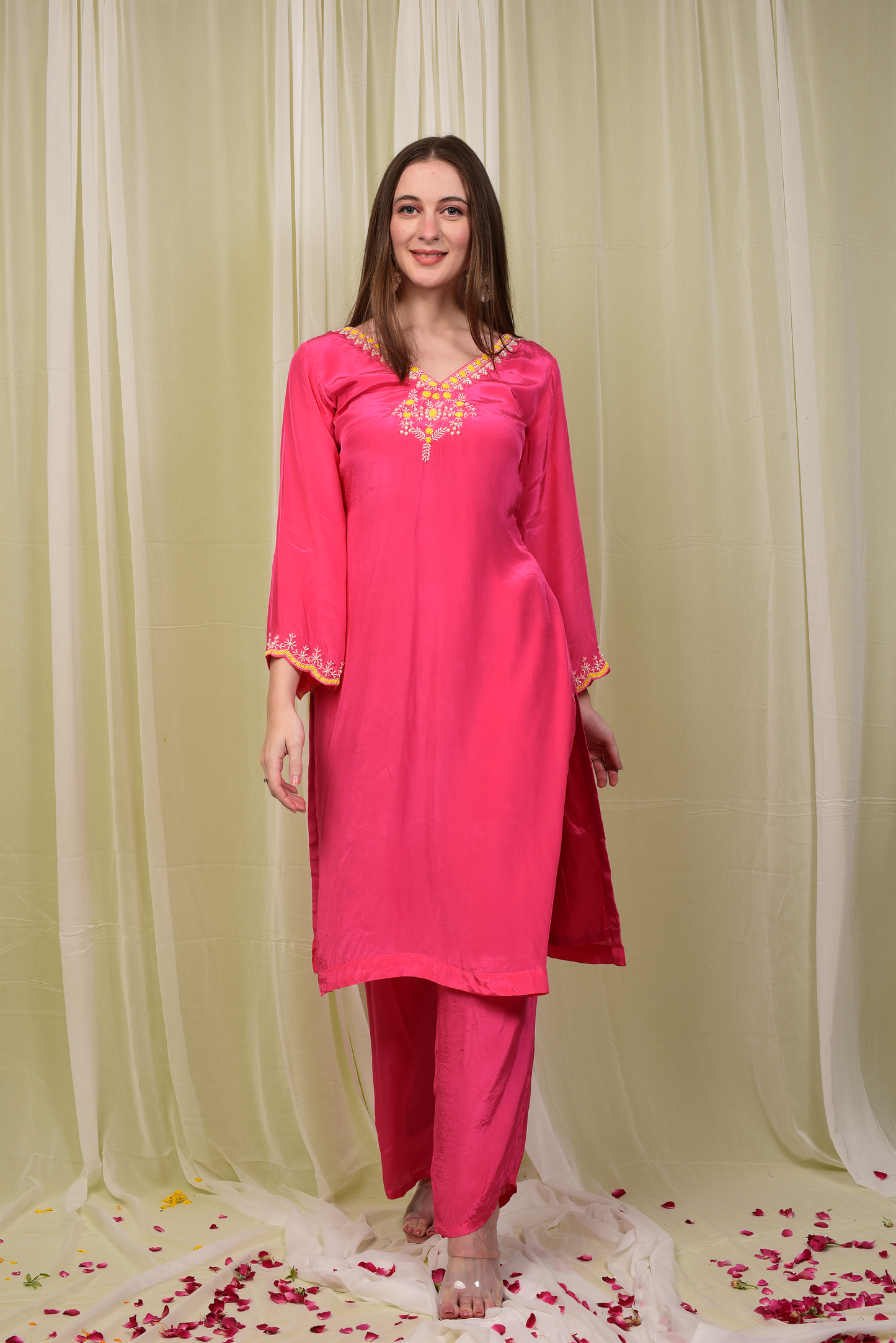 NEON PINK HAND EMBROIDERED SUIT SET