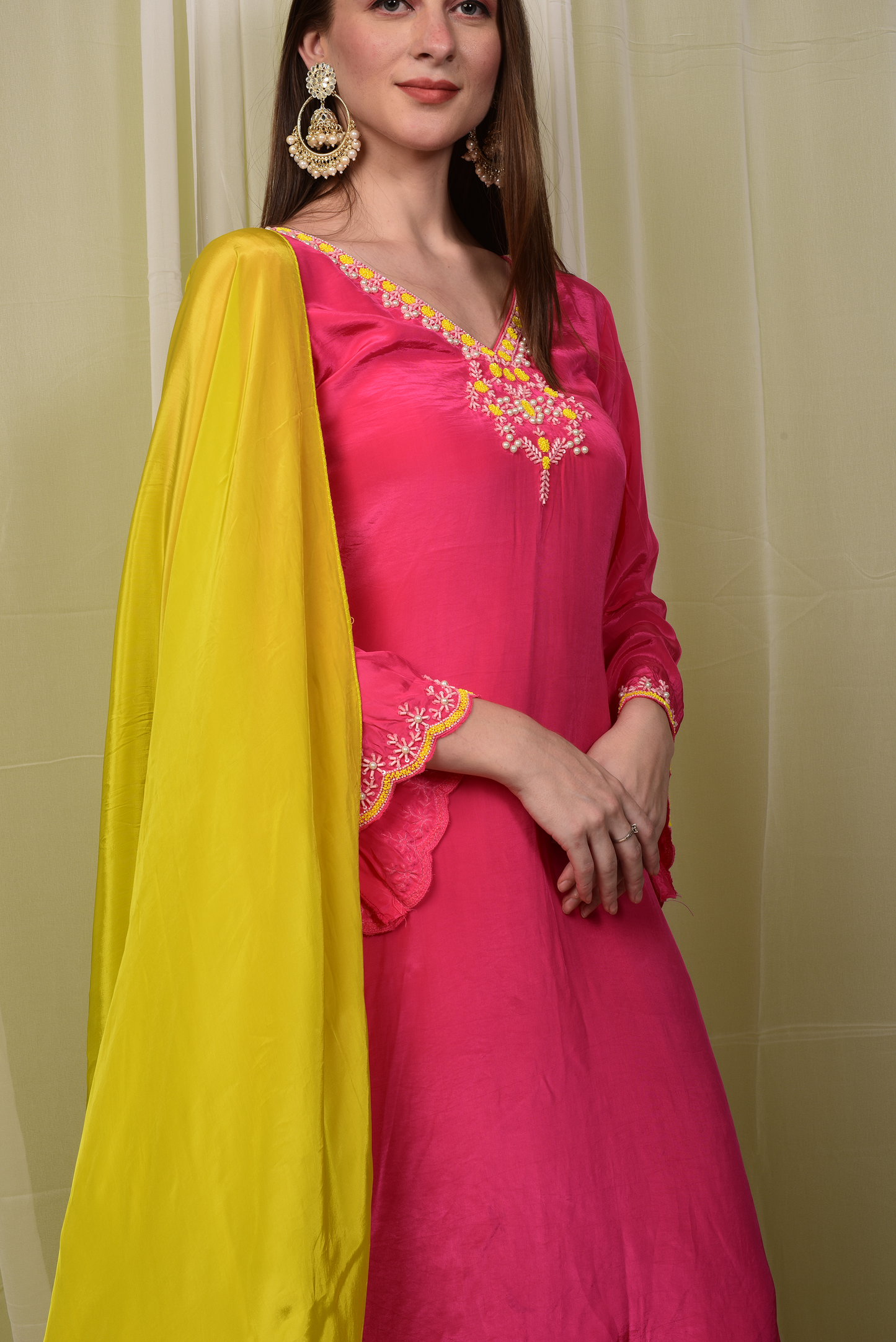NEON PINK HAND EMBROIDERED SUIT SET