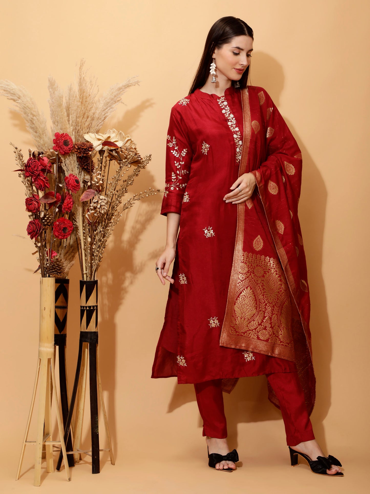 Dark Red Pure Silk kurta pant set with dupatta