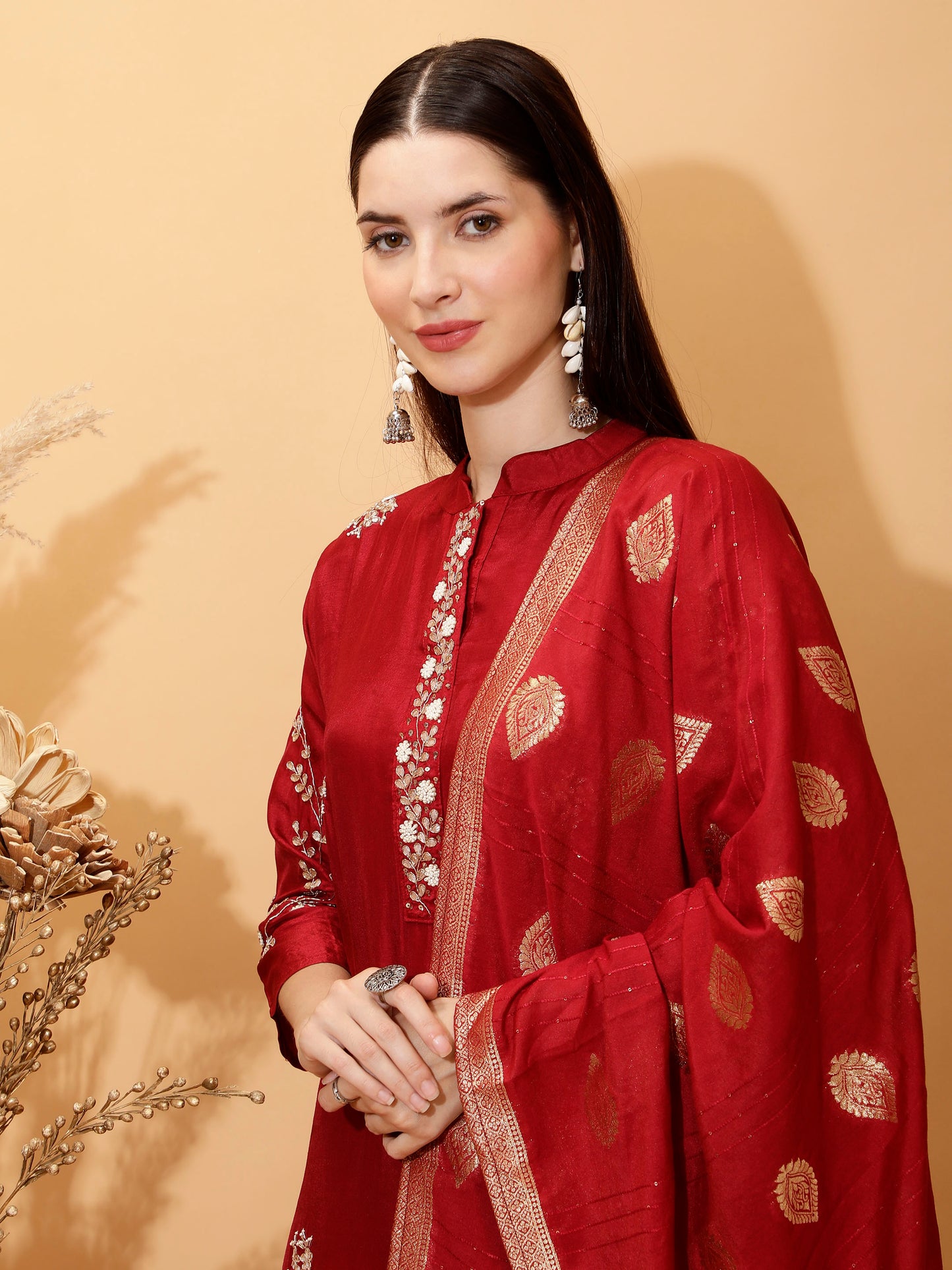 Dark Red Pure Silk kurta pant set with dupatta