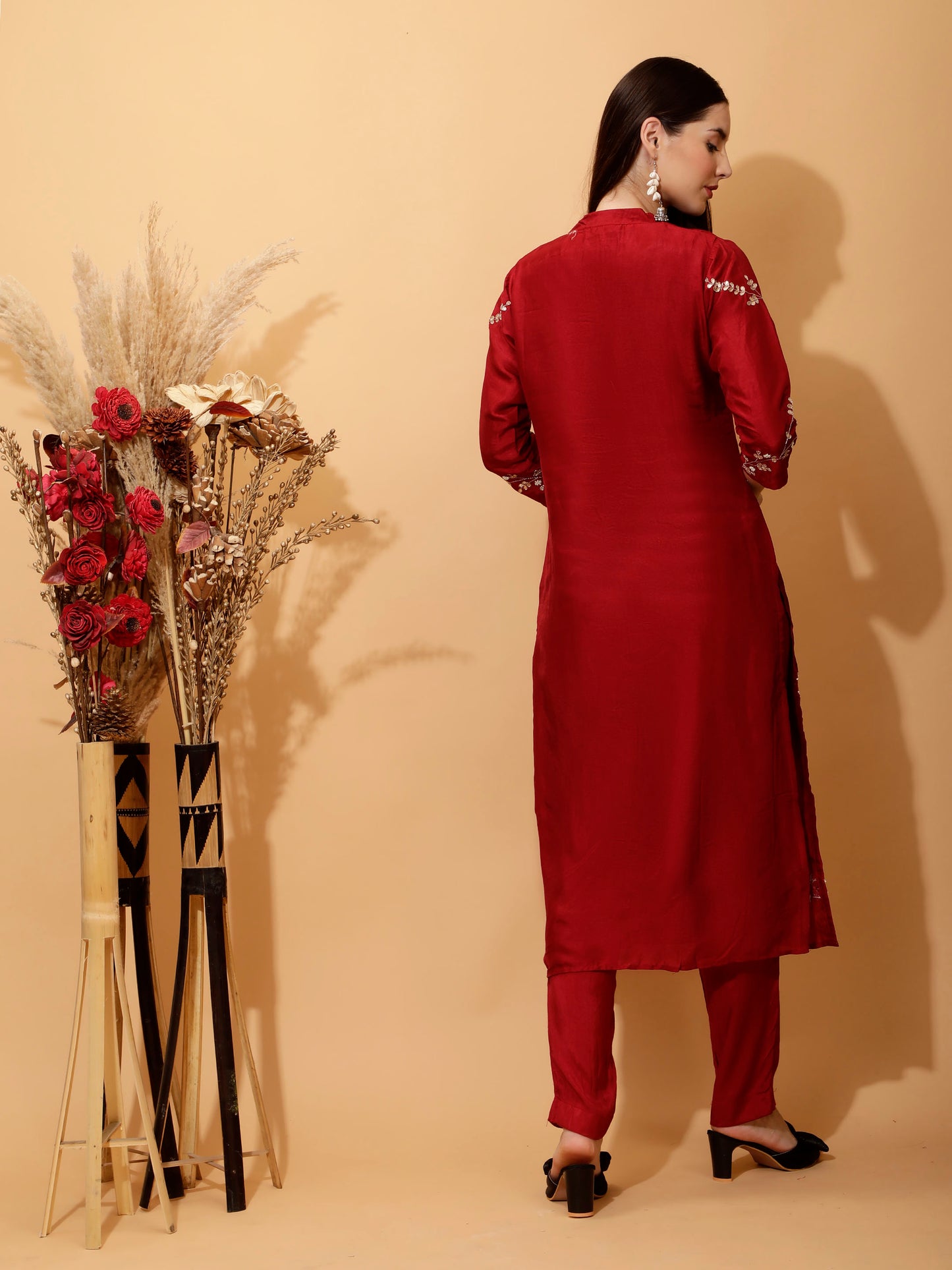 Dark Red Pure Silk kurta pant set with dupatta