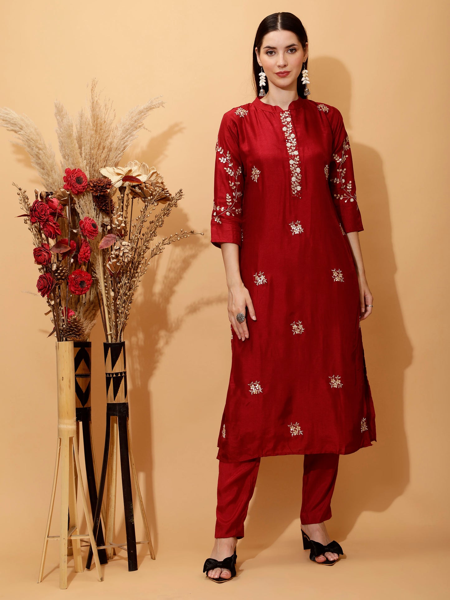 Dark Red Pure Silk kurta pant set with dupatta