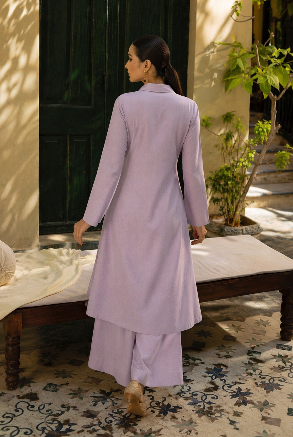 Laalzari lavender linen collar-neck kurta and wide-leg palazzo co-ord set for women — back view