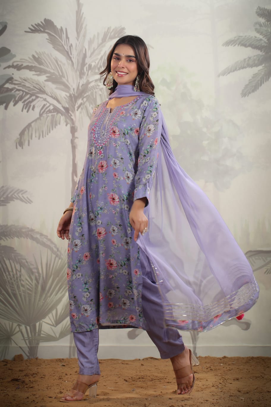 MUSLIN LAVENDER GREEN SUIT WITH MIRROR WORK