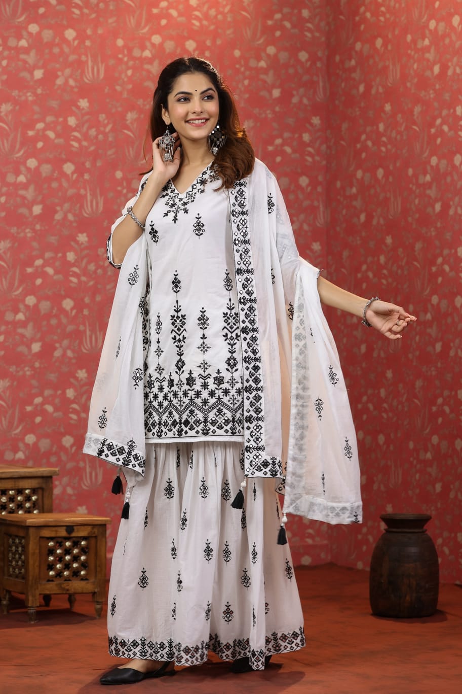Black and White Sharara Cotton Suit