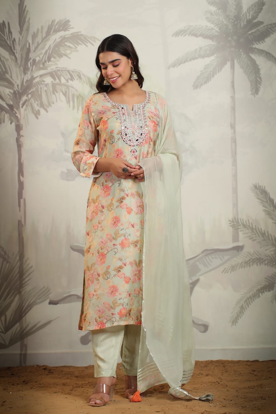 MUSLIN PISTA GREEN SUIT WITH MIRROR WORK