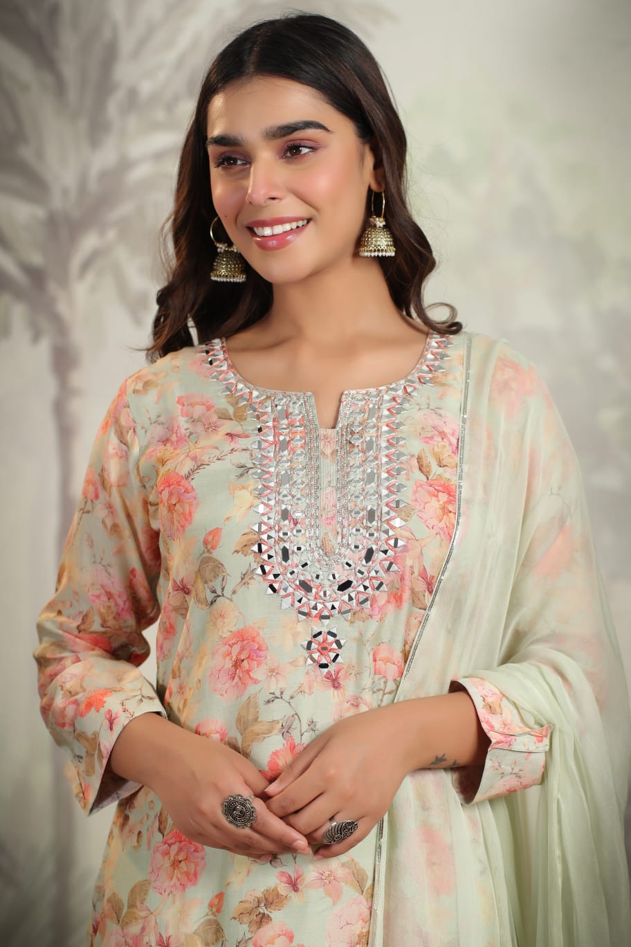 MUSLIN PISTA GREEN SUIT WITH MIRROR WORK