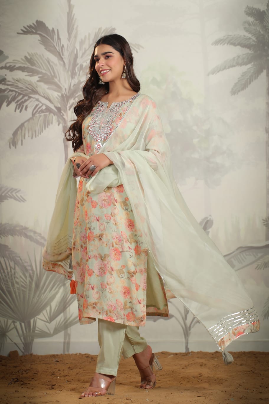 MUSLIN PISTA GREEN SUIT WITH MIRROR WORK