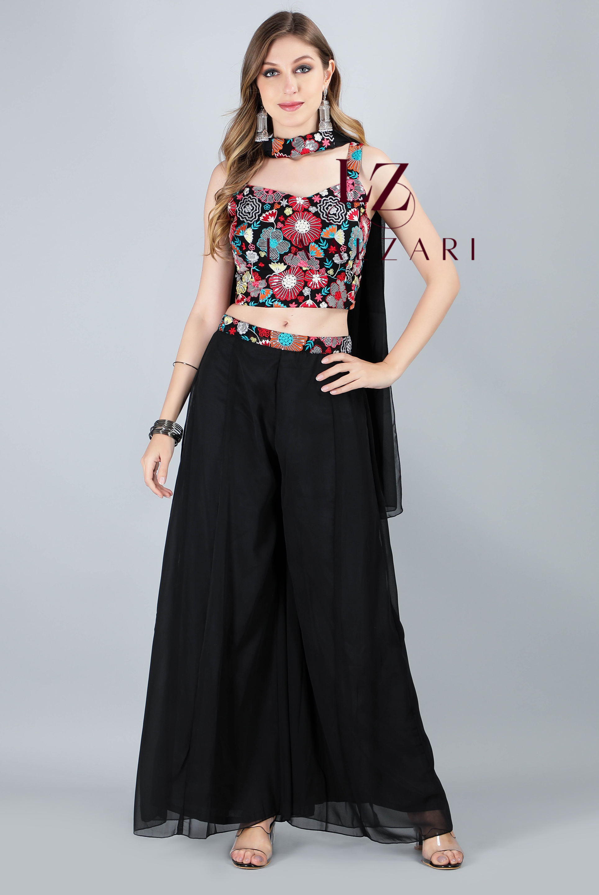 Laalzari black georgette crop top with floral embroidery and sharara pants for women — front view