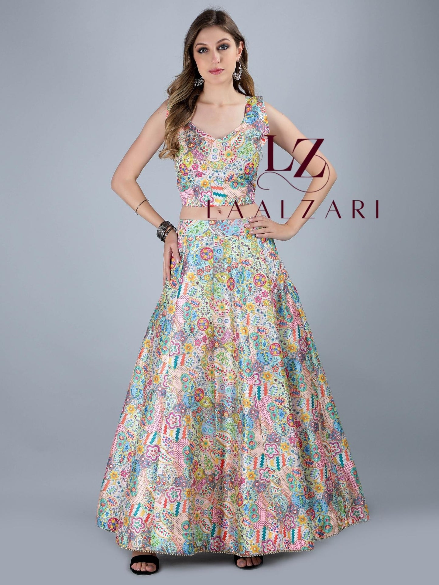 Floral Affairs silk crop top skirt