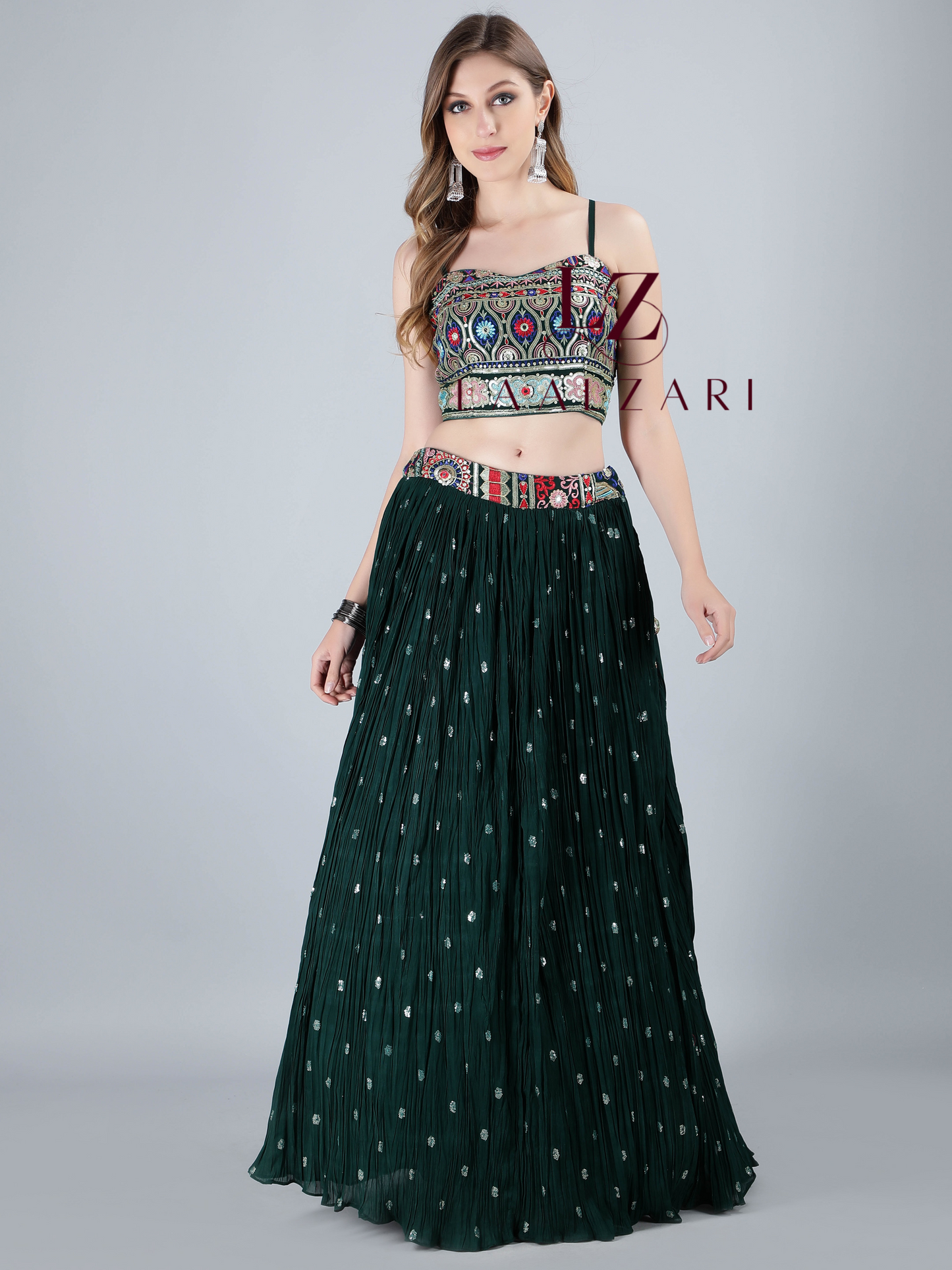 Dark Green crop top- skirt with jacket