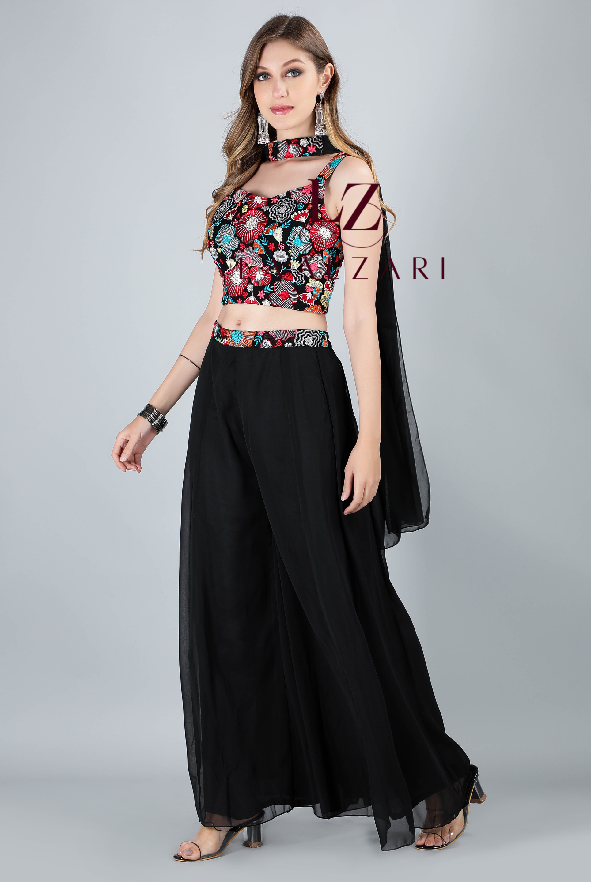 Laalzari black georgette crop top with floral embroidery and sharara pants for women — styled look