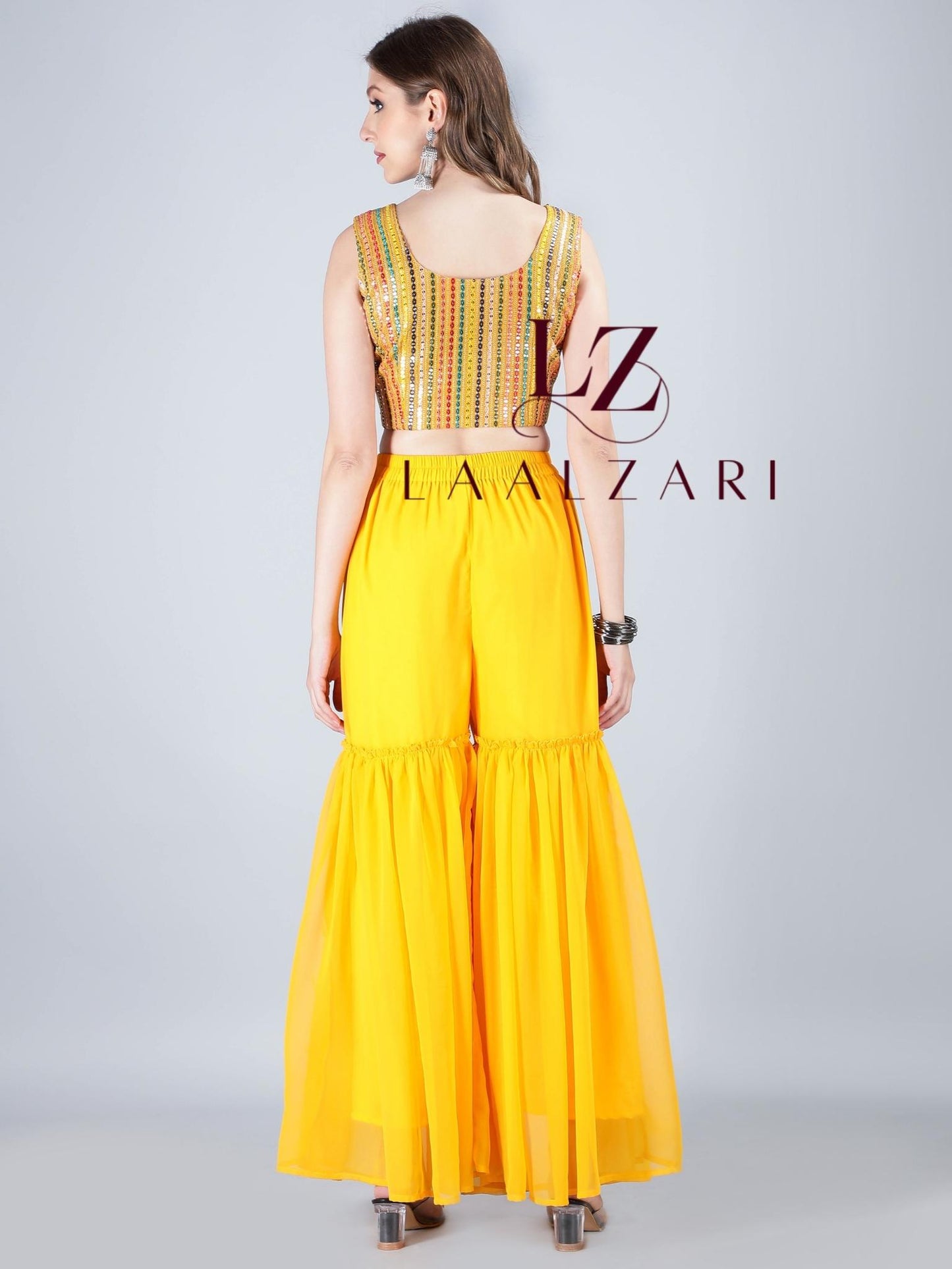 Mustard Crop Top With Sharara And Shrug
