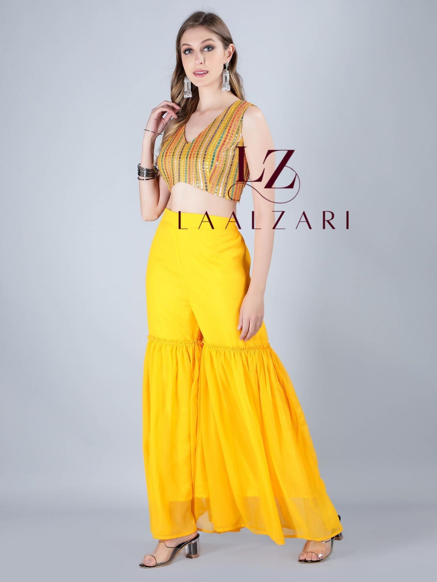 Mustard Crop Top With Sharara And Shrug
